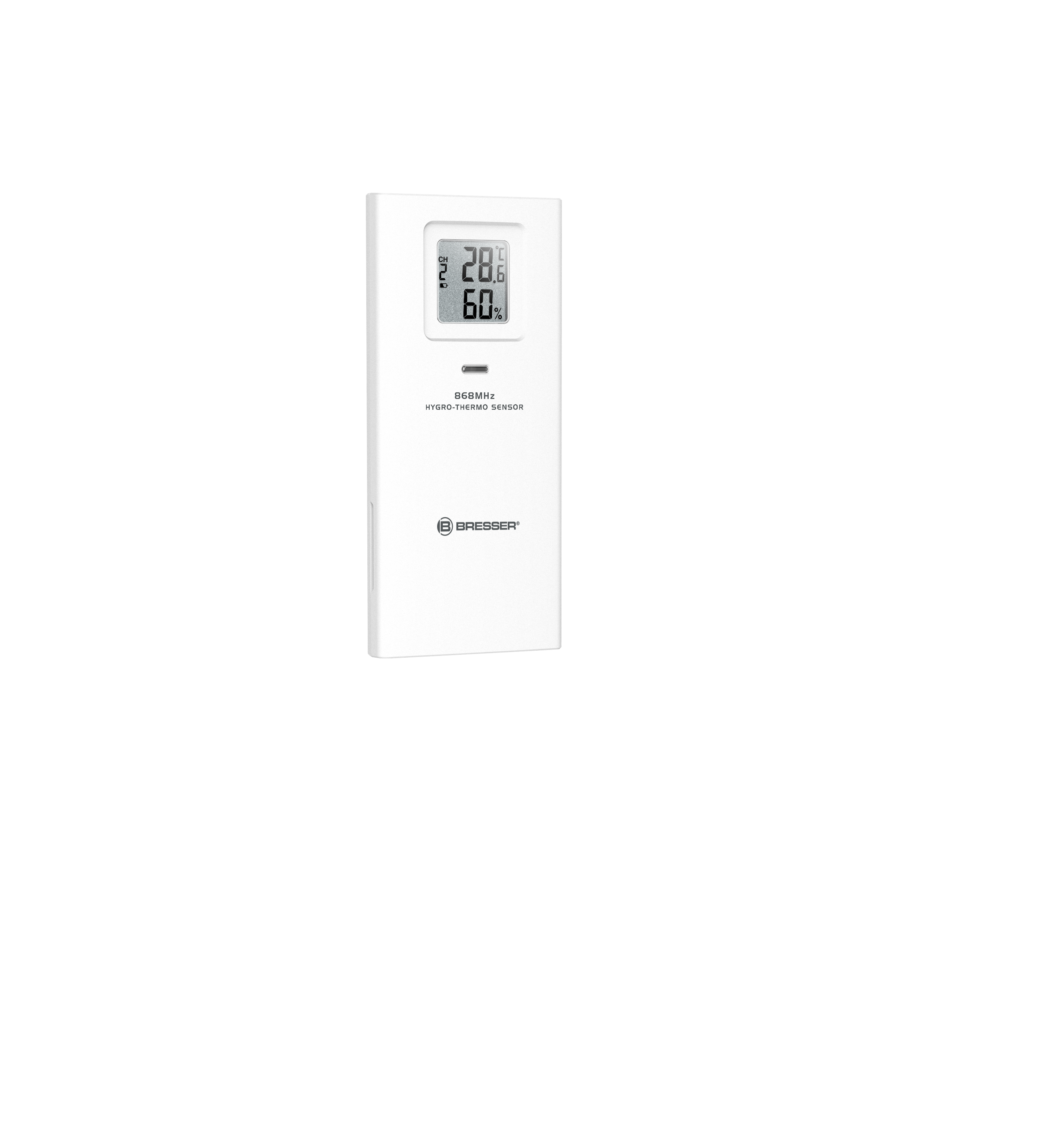 Sensor Bresser blanco que muestra 28,6 grados y 60% de humedad. El fondo es negro.