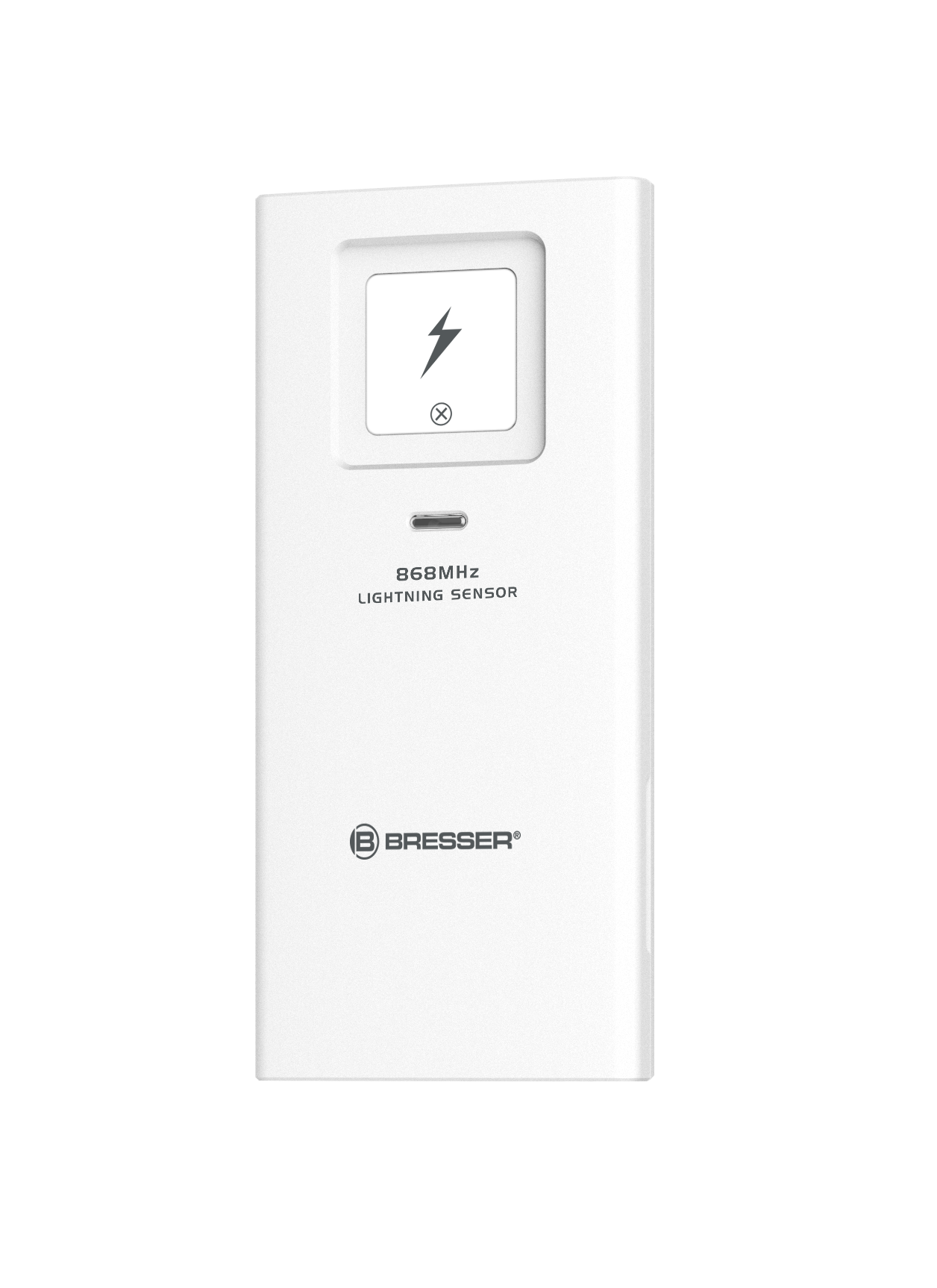 Weißes Blitzsensorgerät mit dem Bresser-Logo. Es hat ein Blitzsymbol und den Text '868MHz LIGHTNING SENSOR'.