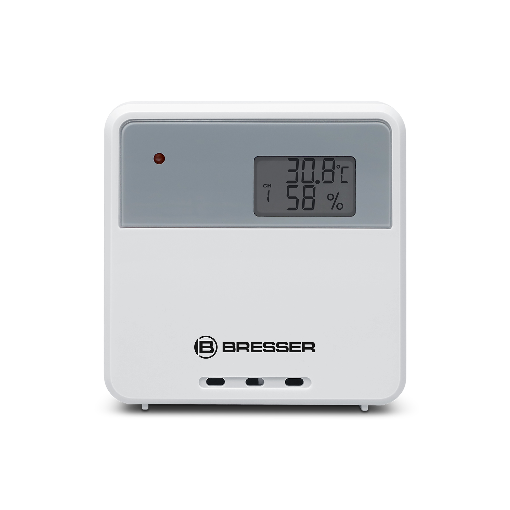 Ein weißer quadratischer Bresser-Temperatursensor mit Digitalanzeige für Temperatur und Luftfeuchtigkeit.
