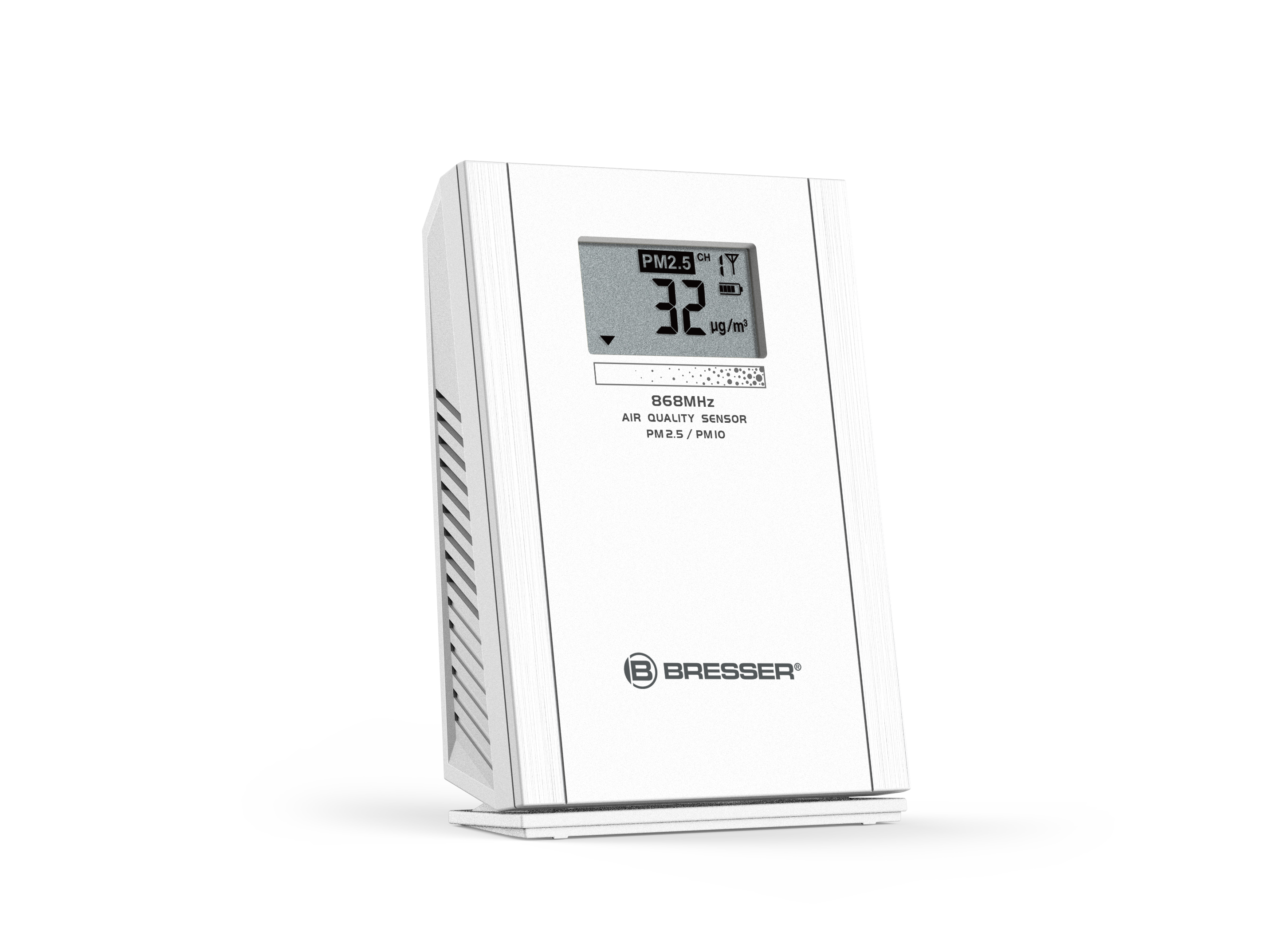 Sensor de calidad del aire blanco que muestra una lectura digital de 32 ug/m³.