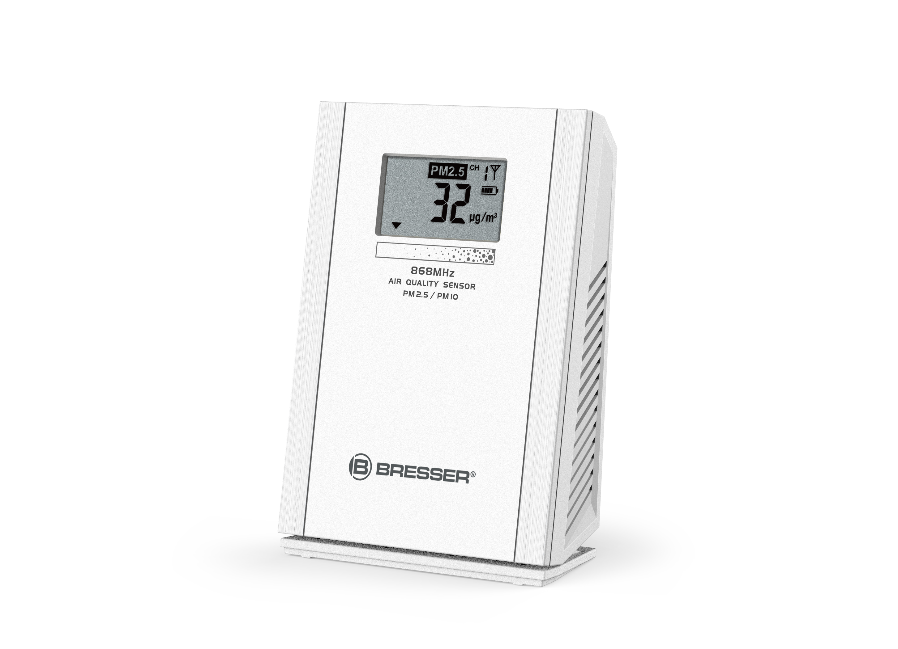 Dispositivo blanco con pantalla digital. Muestra niveles de PM2.5. Marca Bresser.