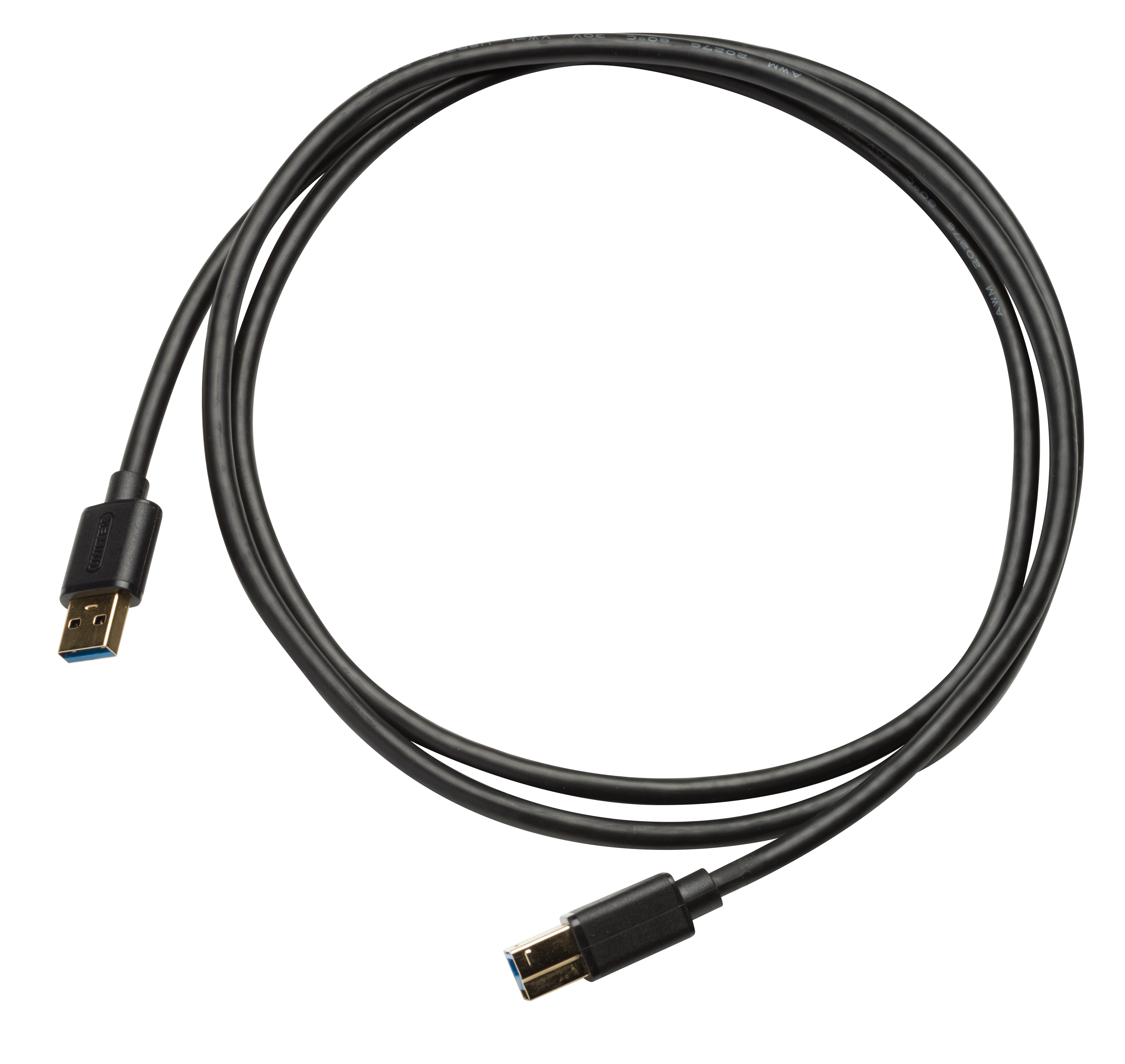 Un cable USB negro con conectores USB-A y USB-B, aislado en blanco.