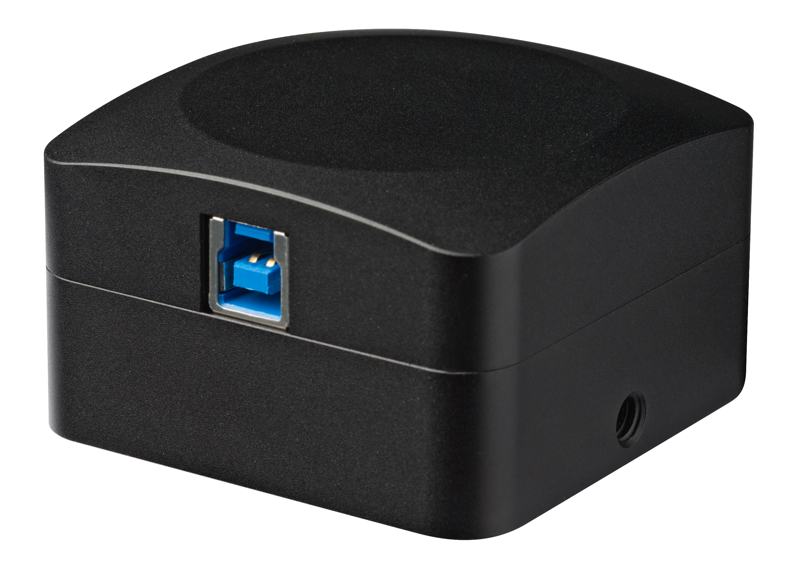 Concentrador USB negro con puerto USB azul, sobre fondo blanco.