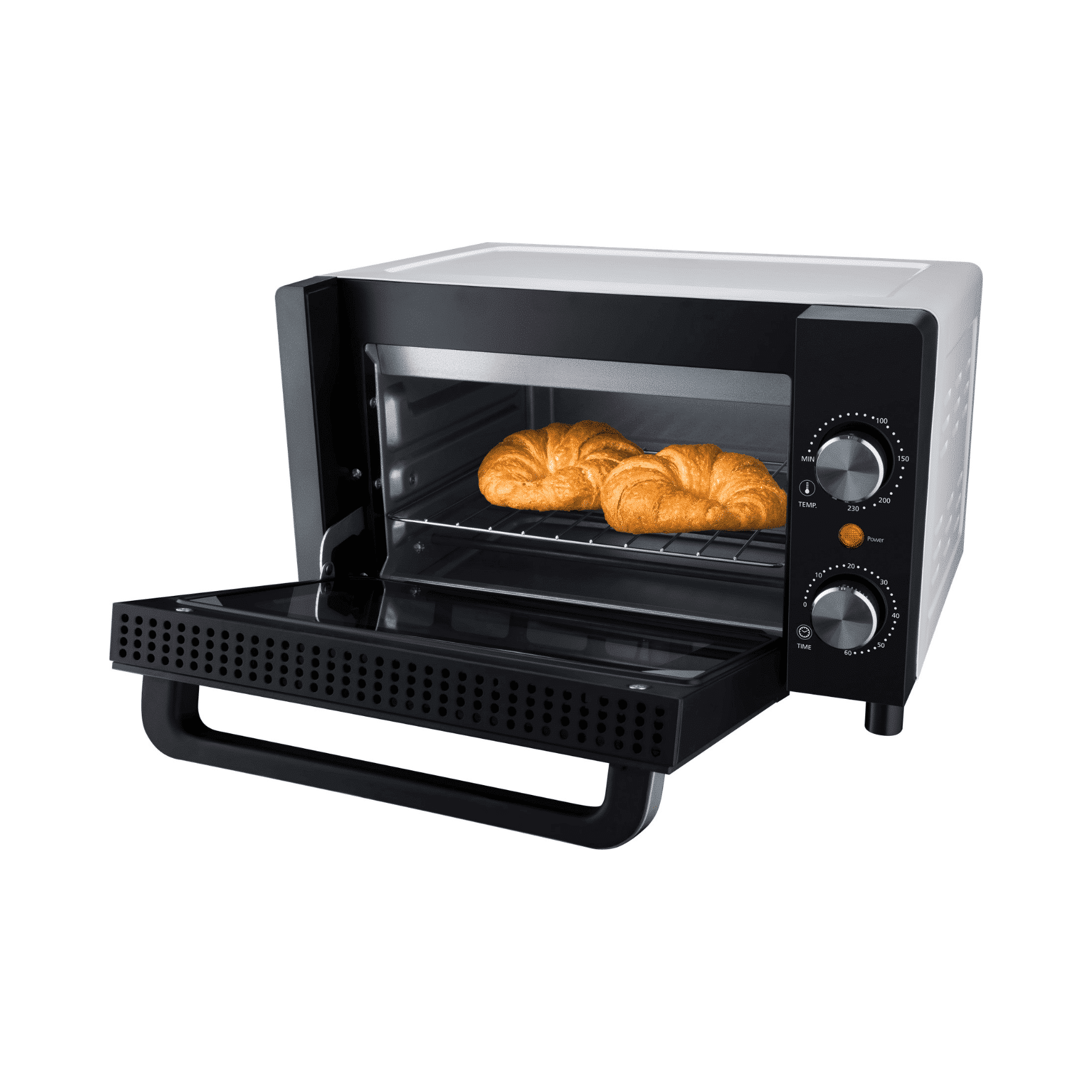 Forno tostapane aperto con due croissant all'interno. Cornice nera, interno argentato, manopole.