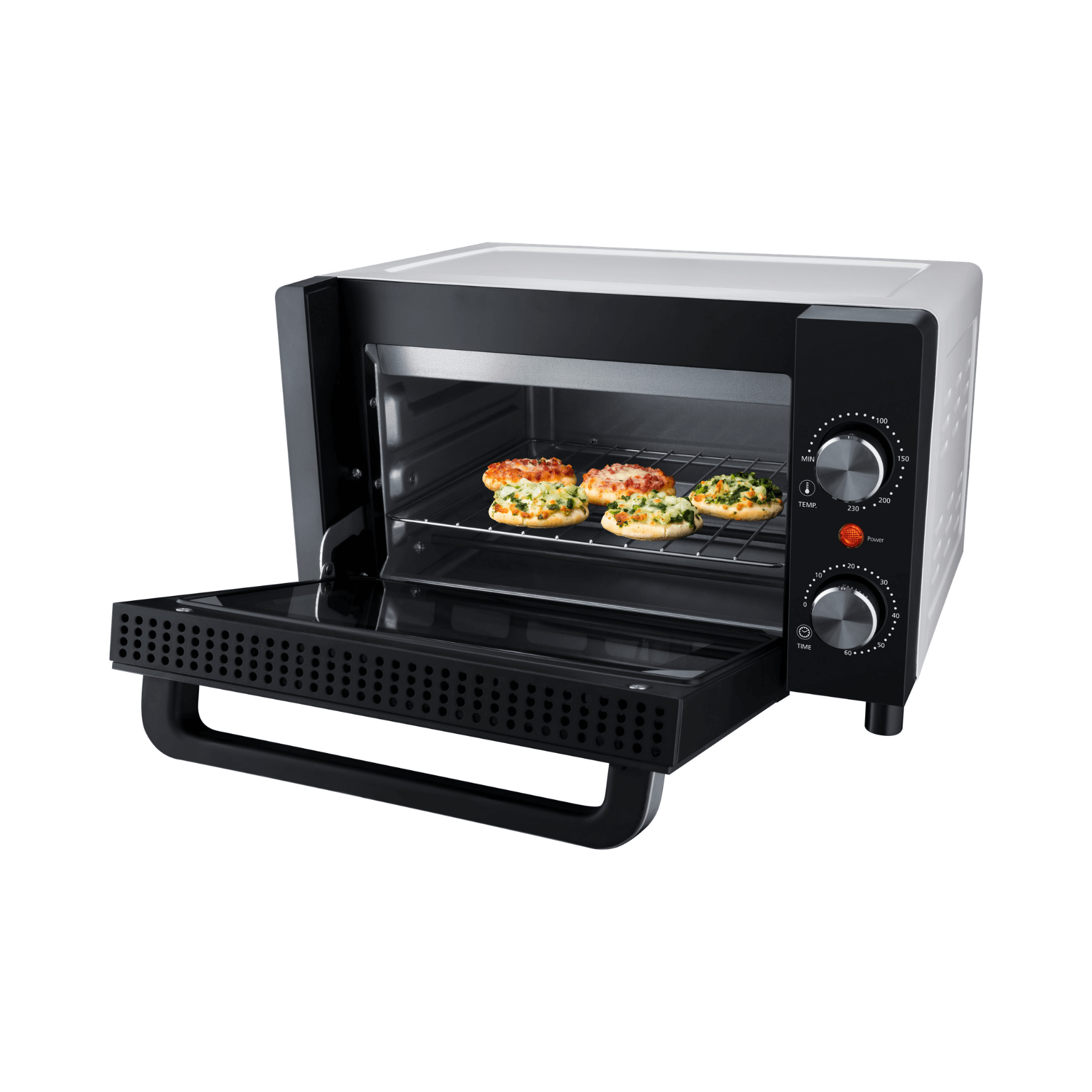 Un forno bianco e nero con la porta aperta. All'interno pizze su una griglia. Manopole a destra.