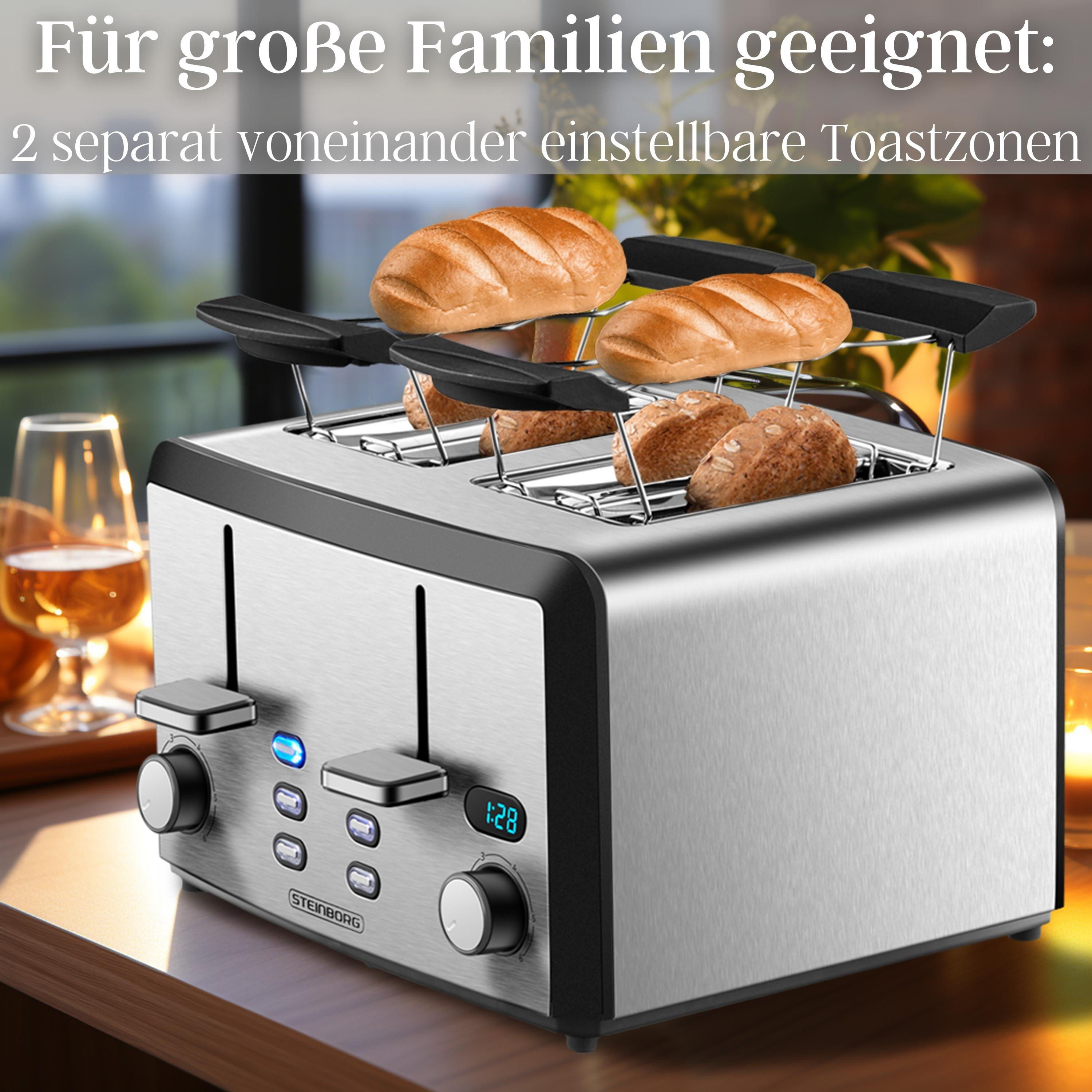 Toaster mit zwei Schlitzen, jeweils mit Brot. Text lautet: 'Geeignet für große Familien'.