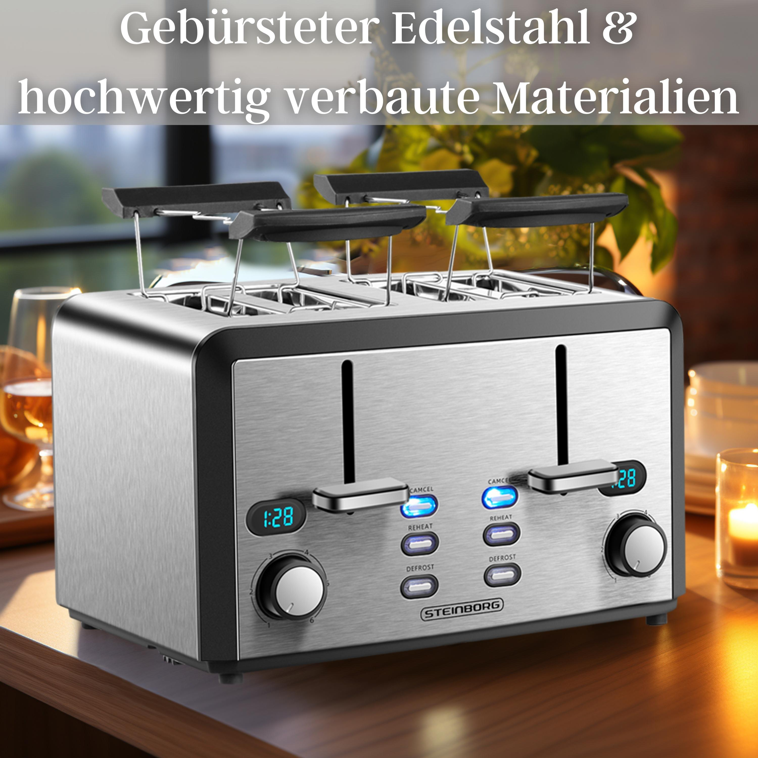 Ein Toaster aus Edelstahl mit Digitalanzeigen, Knöpfen und gebürsteter Metalloberfläche mit Text.