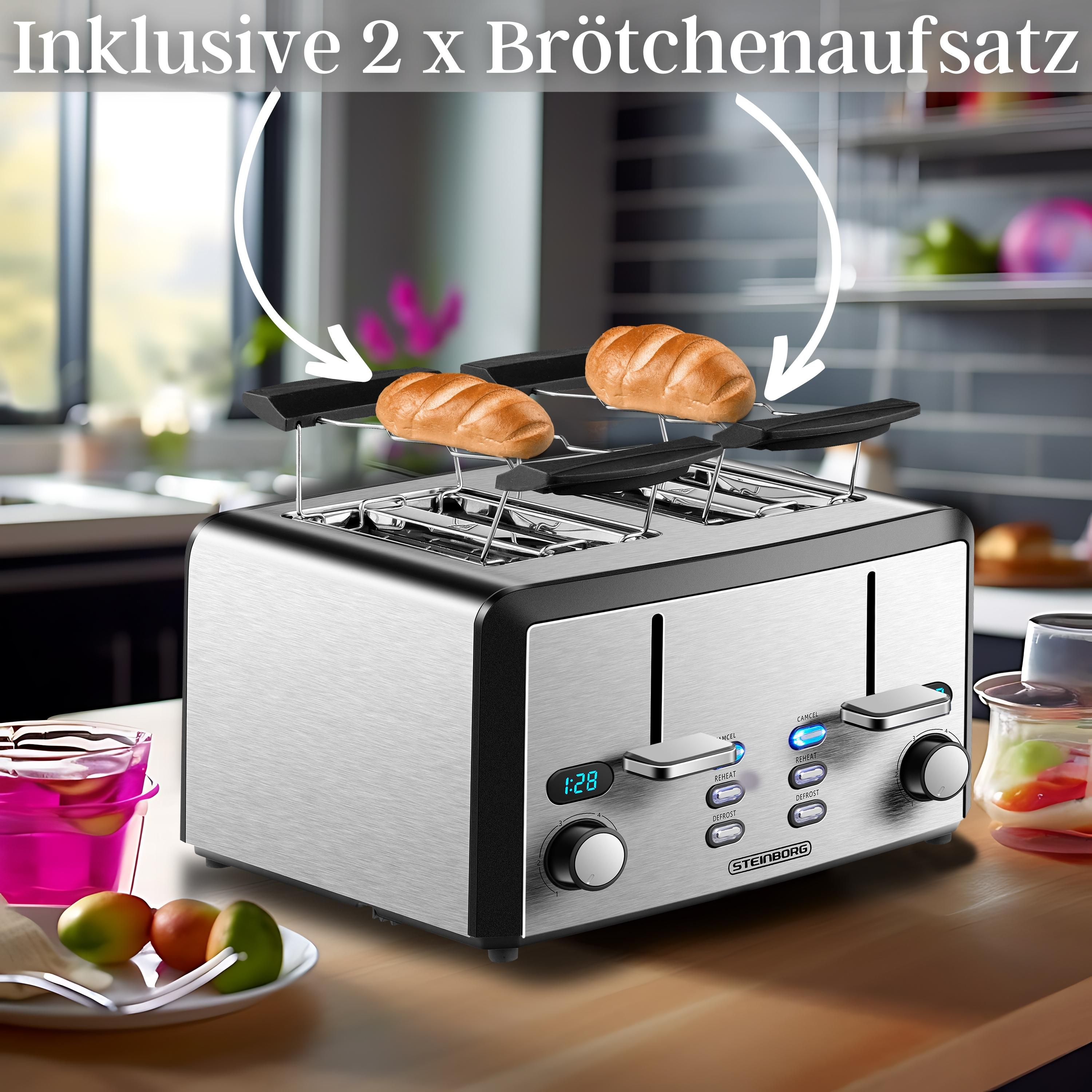 Silberner Toaster mit zwei Brotscheiben, Text-Overlay und zwei runden Knöpfen.
