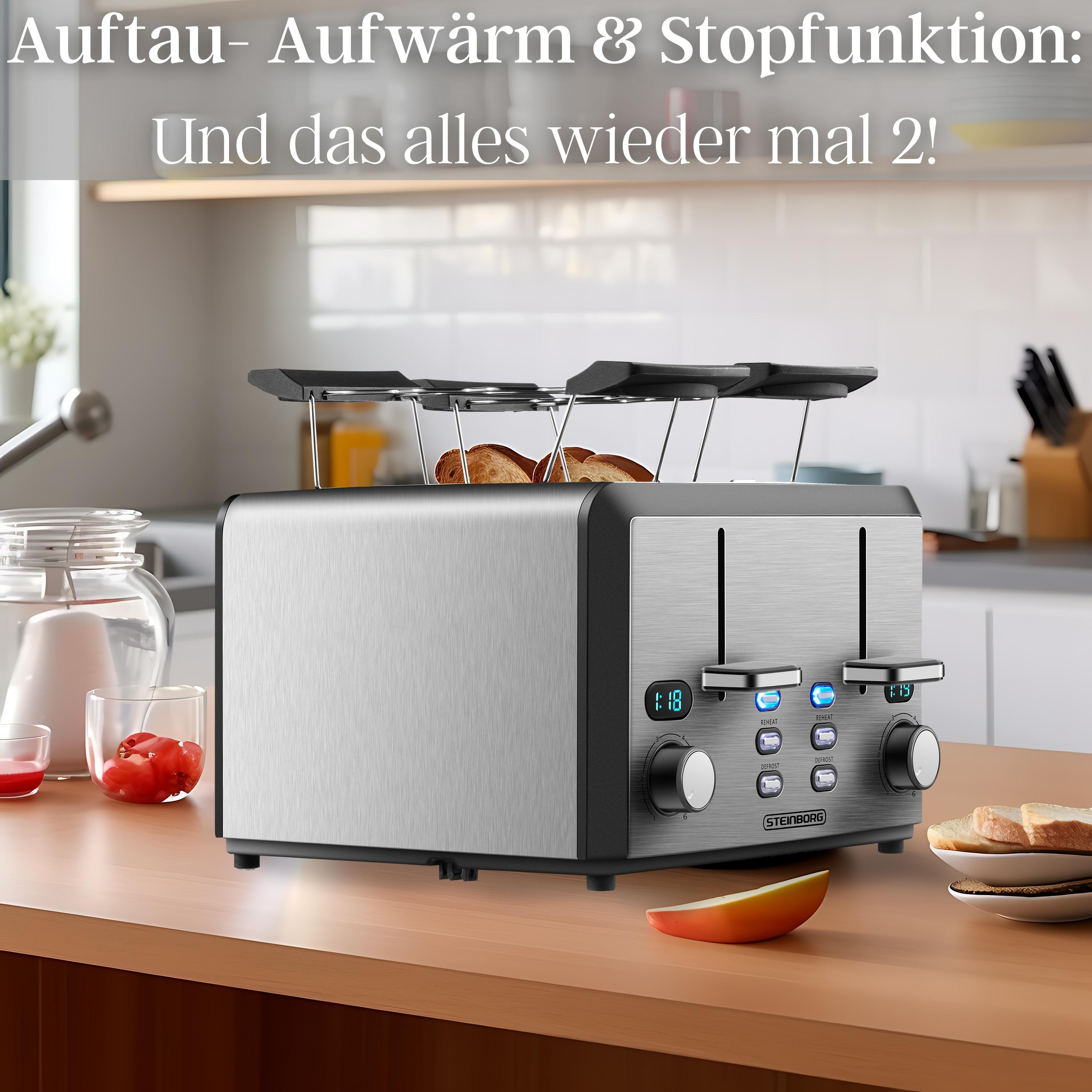 Ein silberner und schwarzer Toaster mit Text, Toast und einem roten Apfel auf einem Tisch.