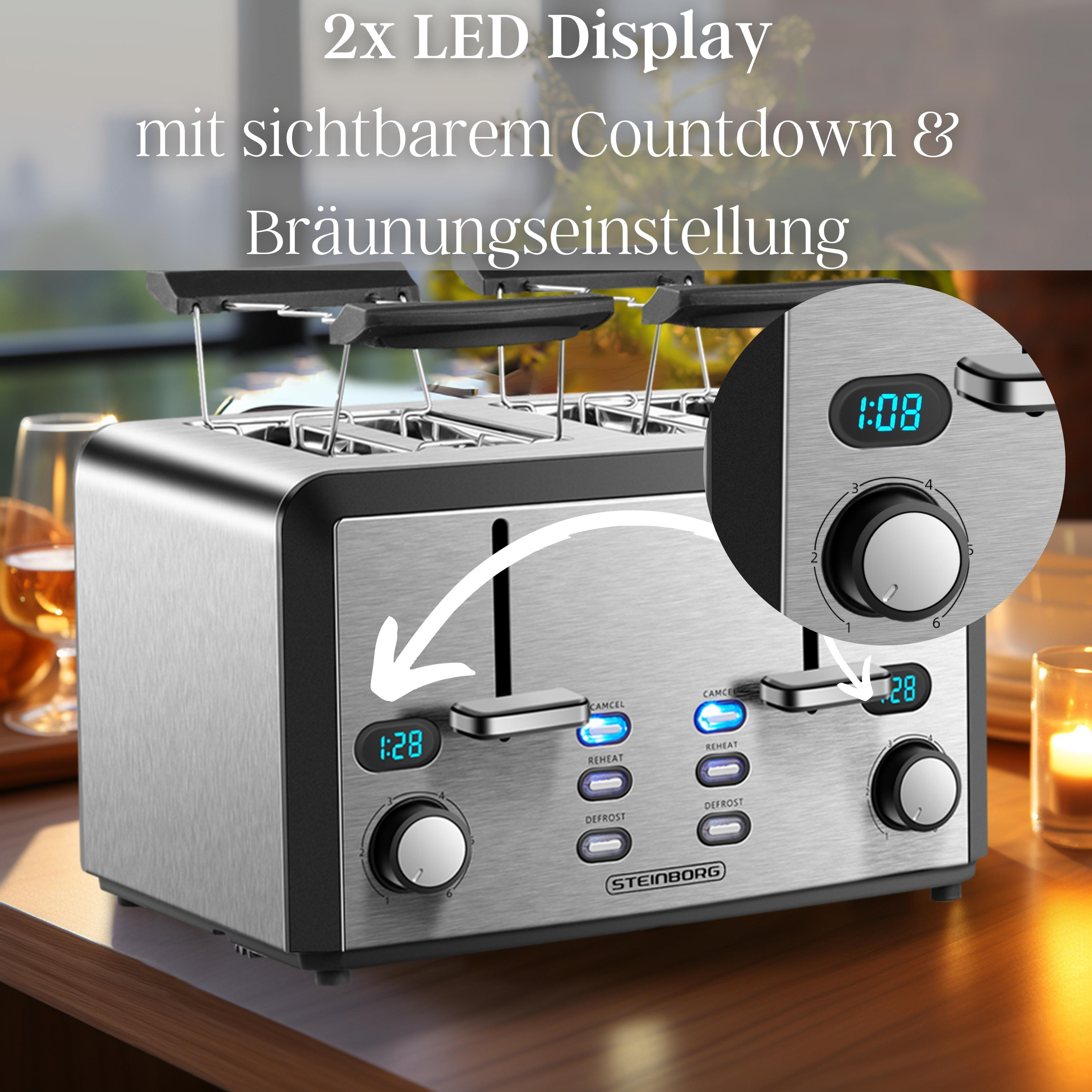 Silber-schwarzer Toaster mit Detailansicht der Digitalanzeige.