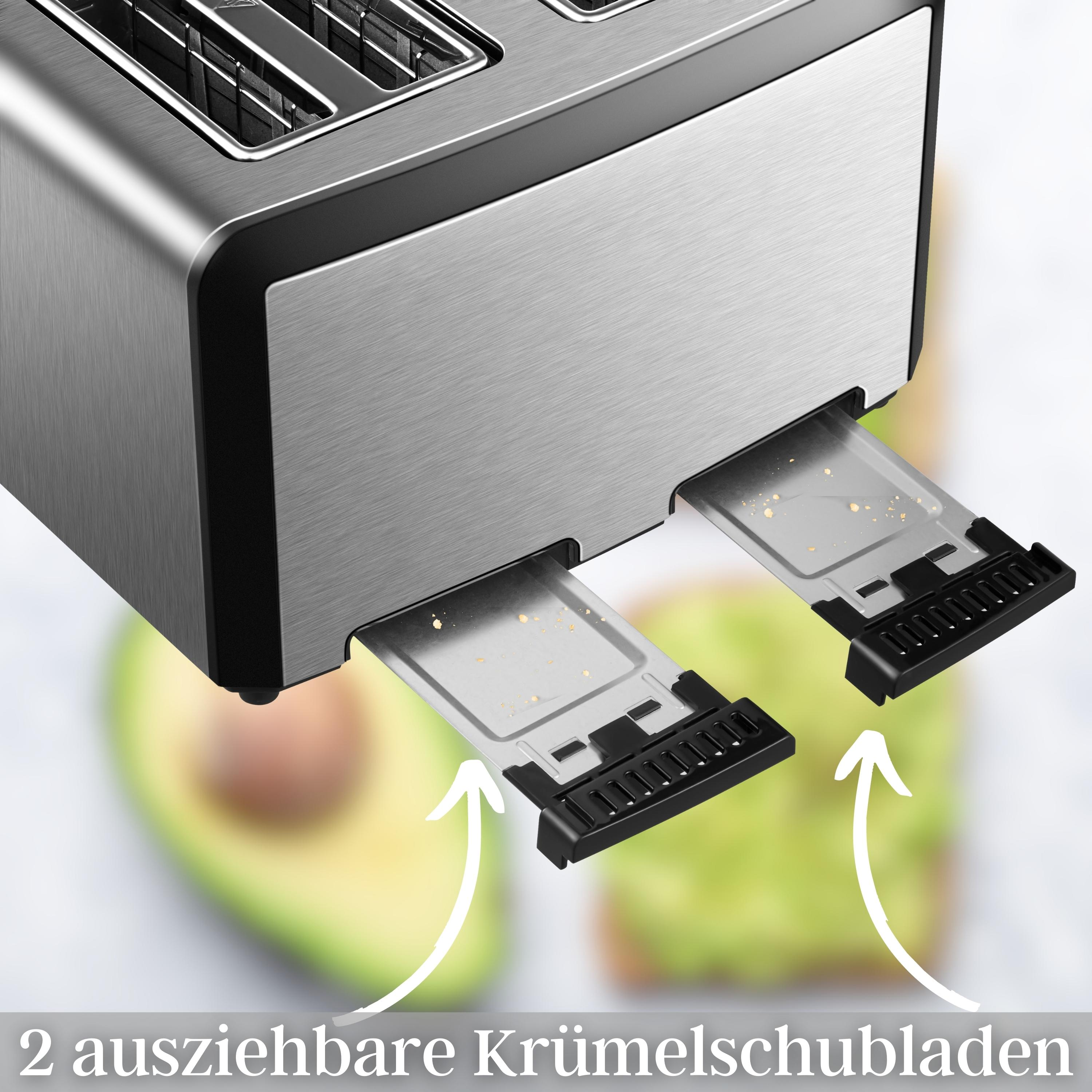 Ein Toaster aus Edelstahl mit zwei teilweise herausgezogenen Krümelschubladen und Avocadoscheiben auf einem Teller.
