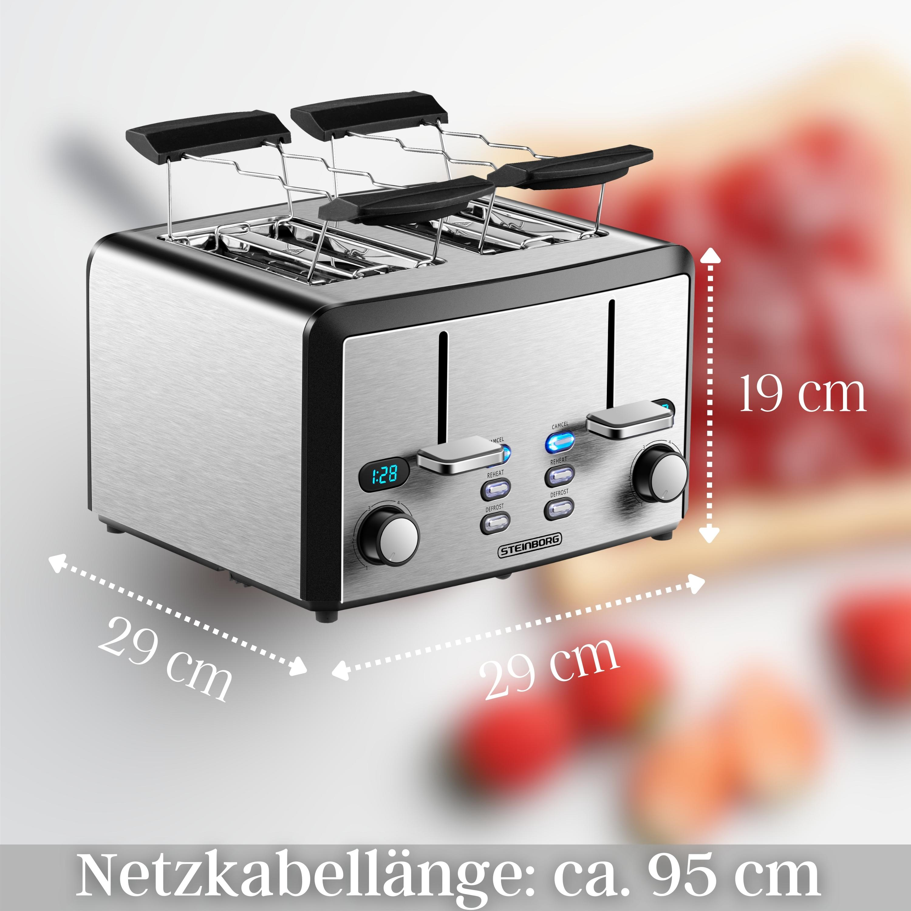 Toaster aus Edelstahl mit Abmessungen und Maßen.