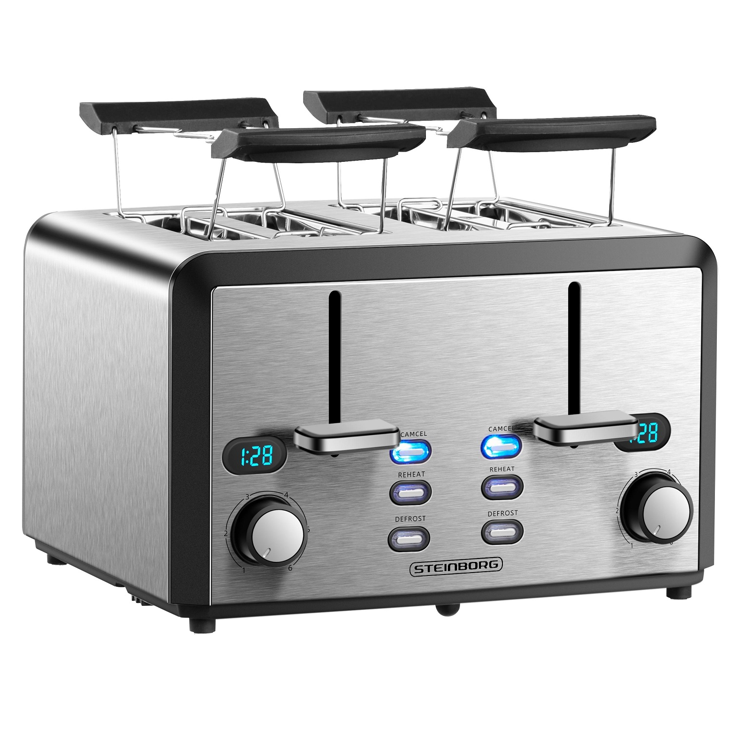 Silber- und schwarzer Toaster mit Digitalanzeige, Bedienelementen und vier Brotschlitzen.