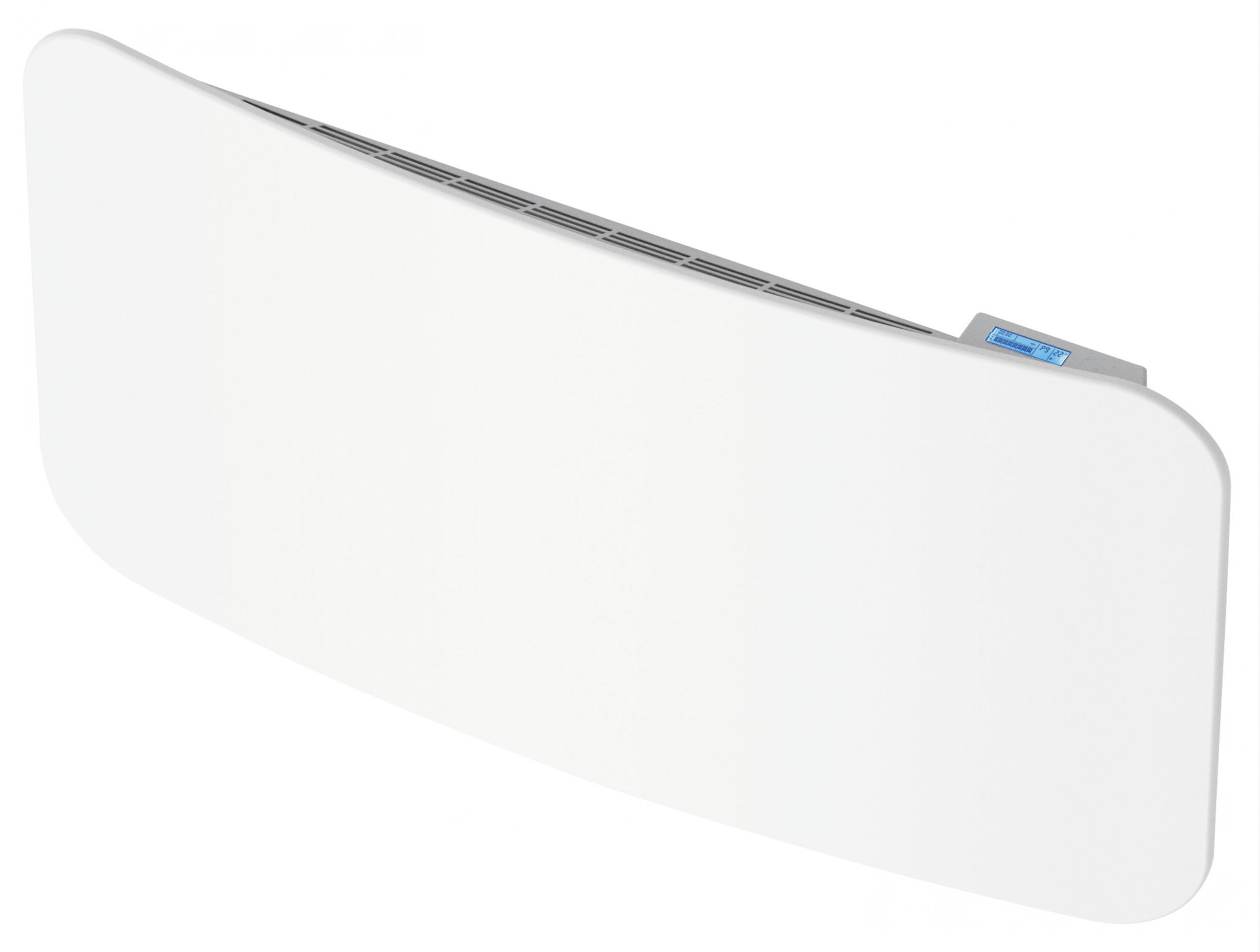 Un panel blanco con bordes curvos. Tiene un borde superior gris con rejillas de ventilación y una pequeña pantalla azul a la derecha.