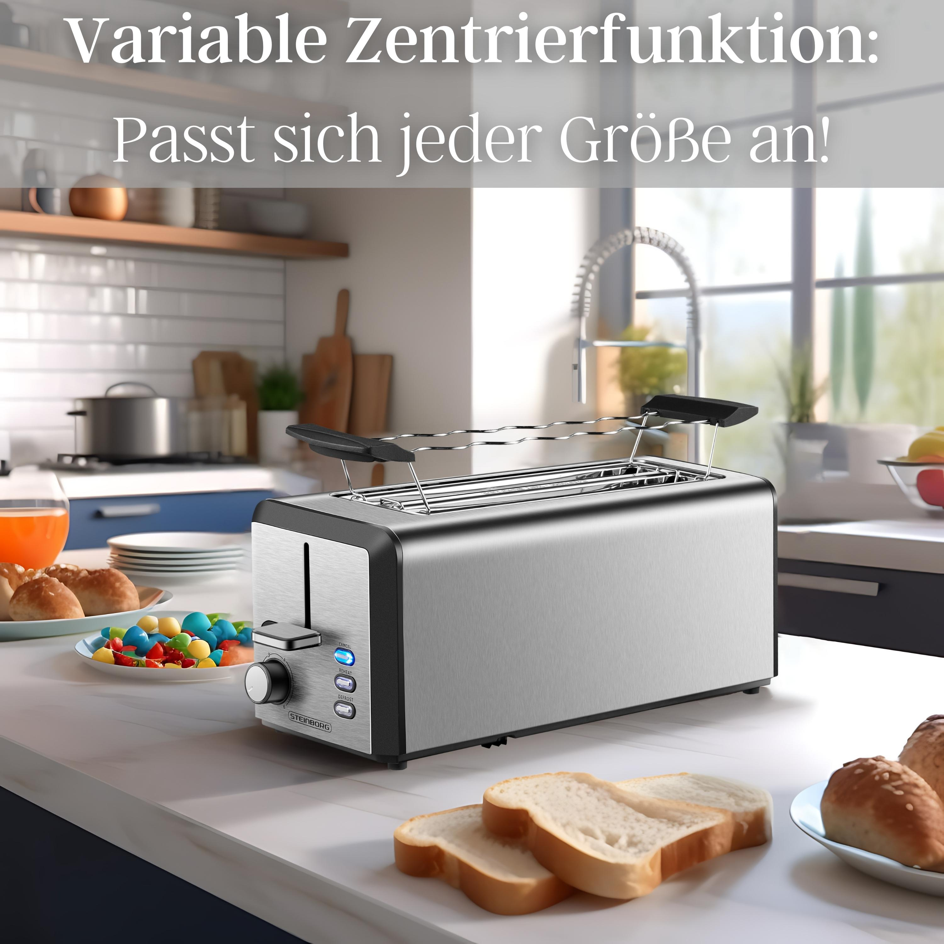 Silberner Toaster mit Brotscheiben. Text-Overlay: Variable Zentrierfunktion.
