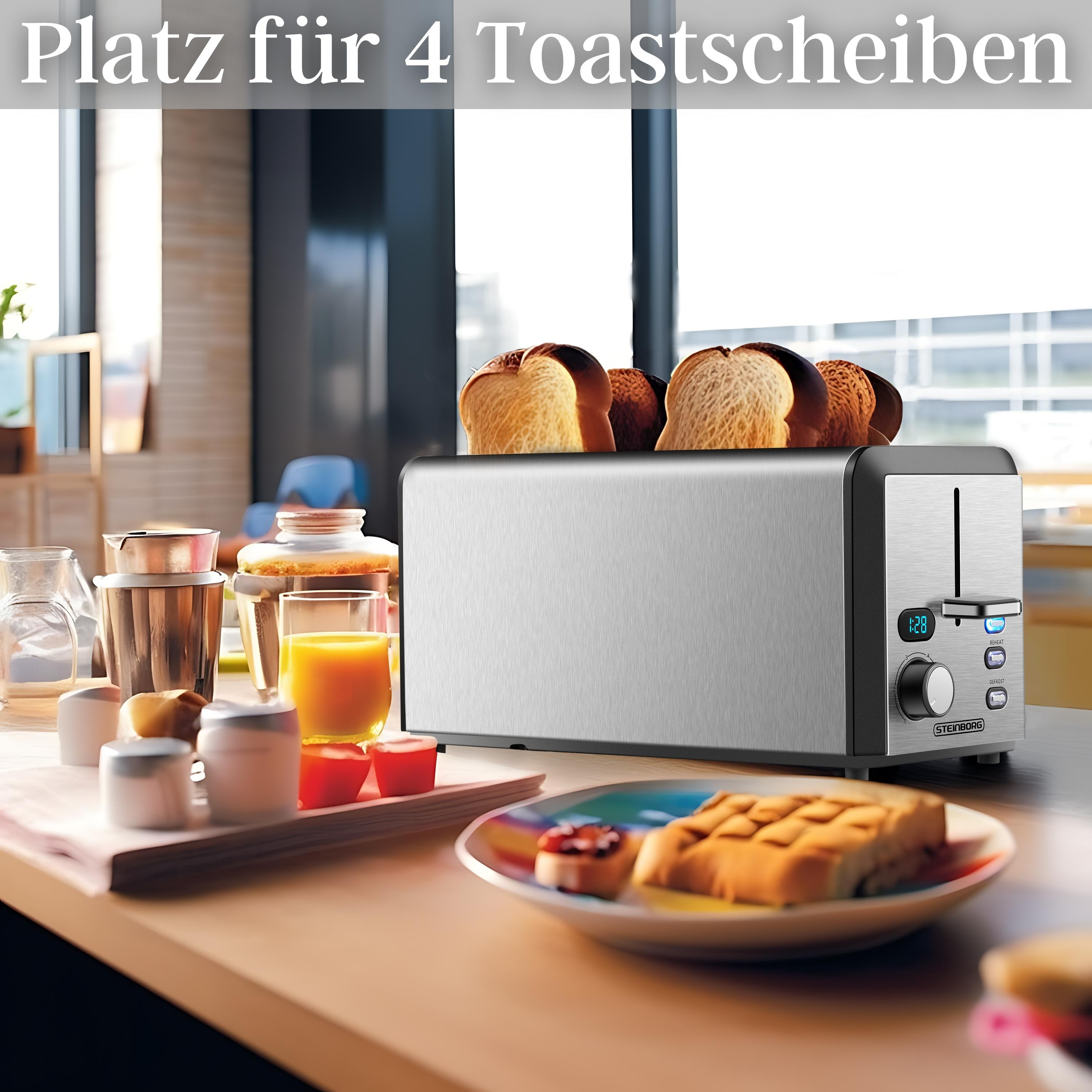 Silberner Toaster mit Brot, Saft und anderen Gegenständen auf einem Holztisch.