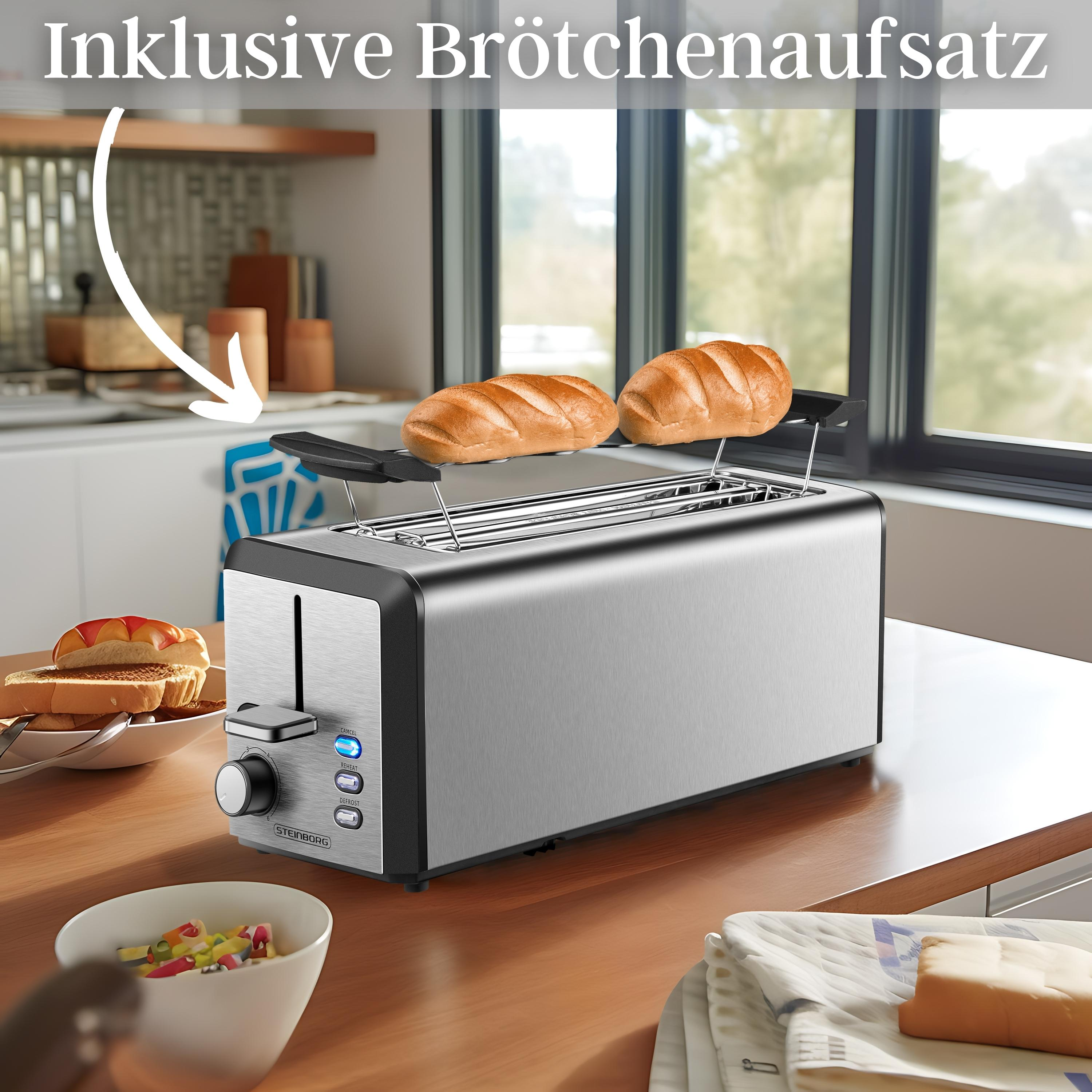 Ein silberner Toaster mit zwei Brotscheiben, einer Schüssel mit Essen und einem Toasteraufsatz.