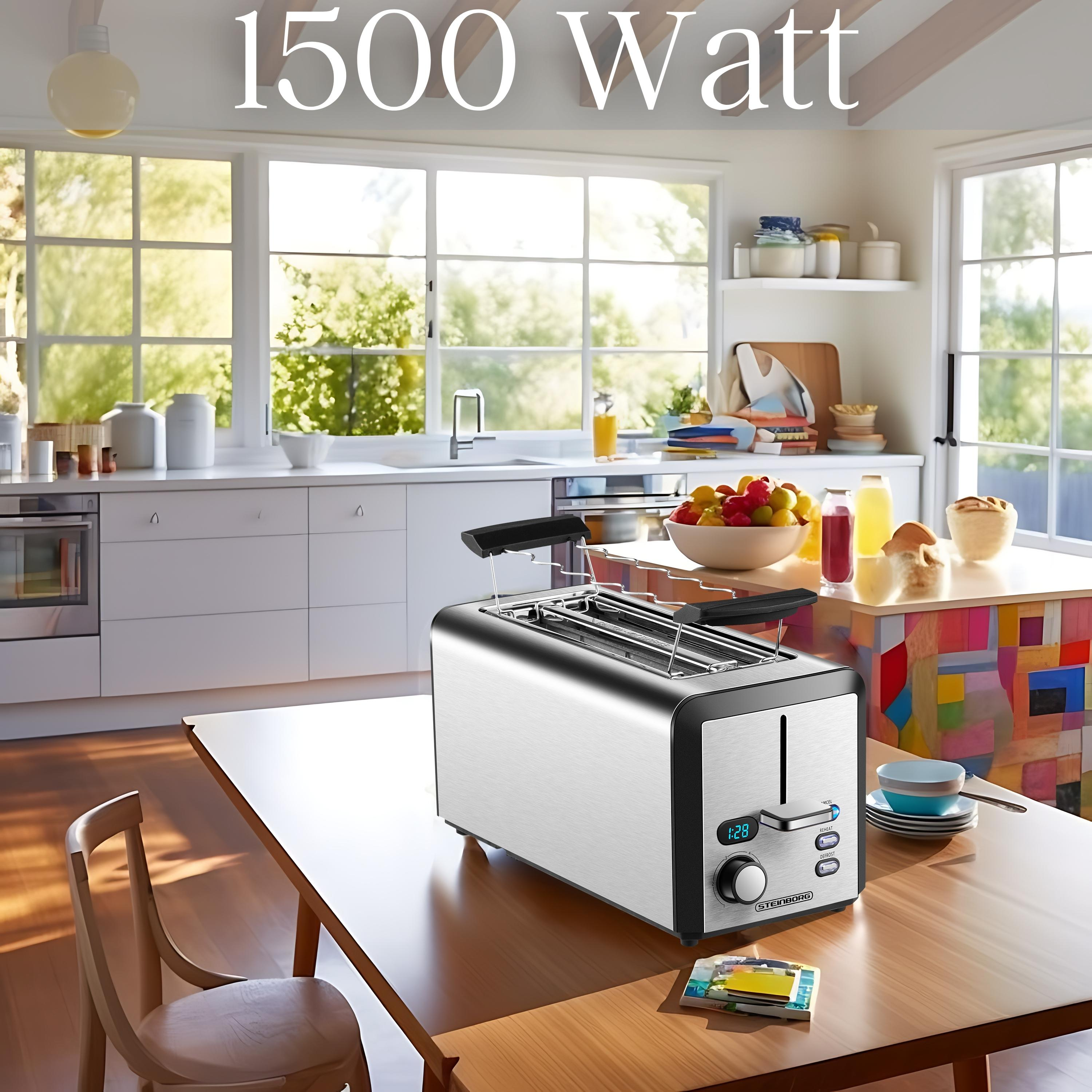 Silberner Toaster auf einem Tisch, neben der Küchenzeile. Text oben: 1500 Watt.