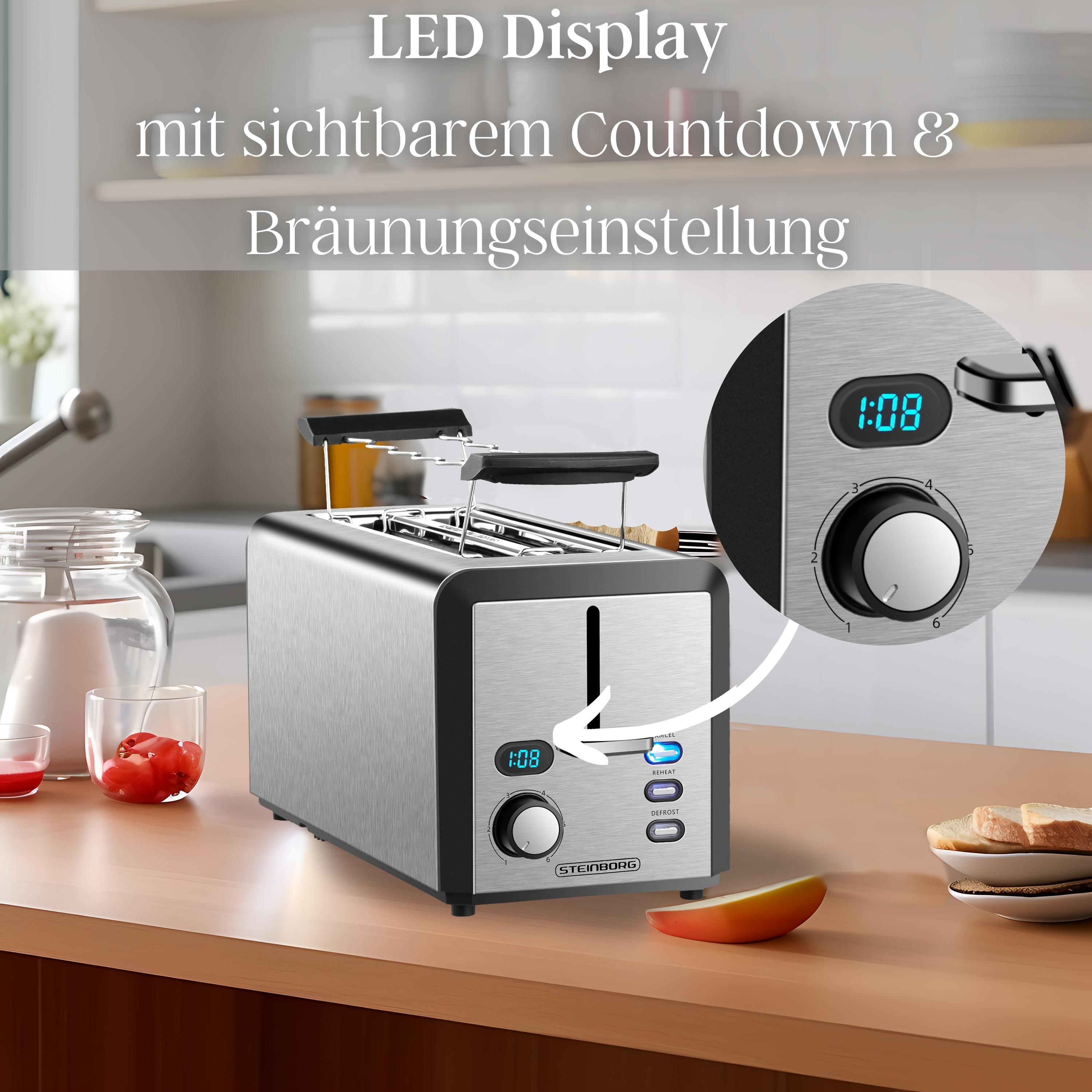 Toaster aus Edelstahl mit Digitalanzeige. Apfelscheibe und Brotscheiben im Vordergrund.
