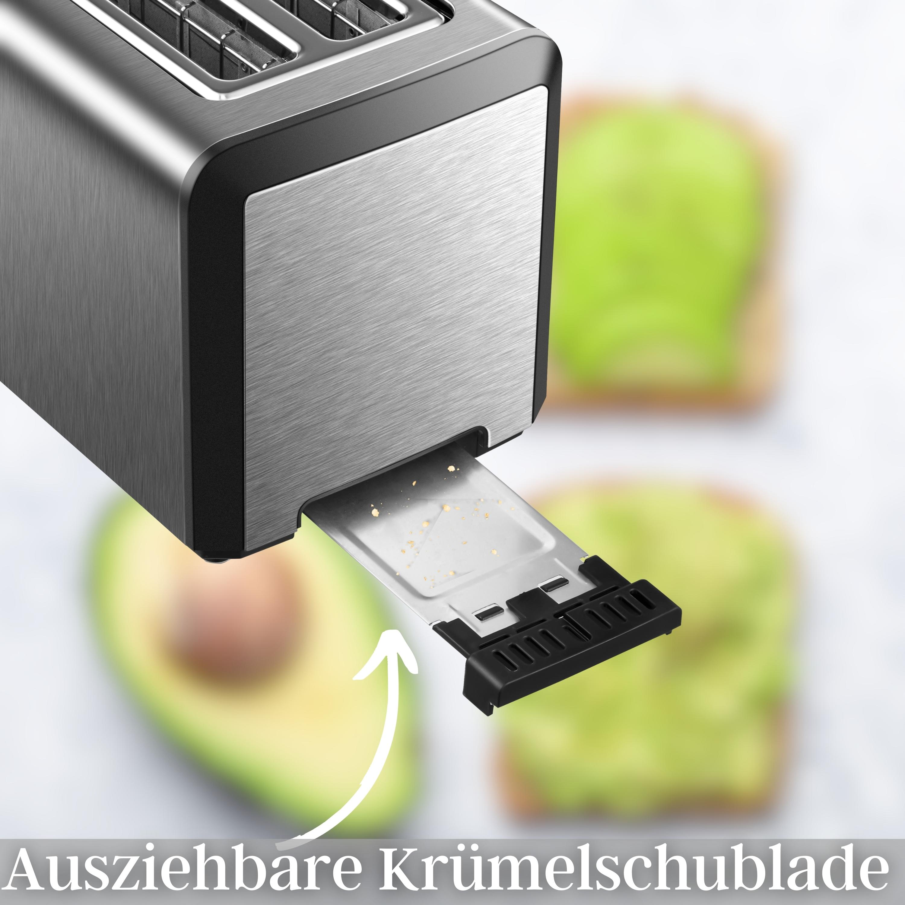 Toaster mit herausnehmbarer Krümelschublade, Avocado und Toast mit Avocado.