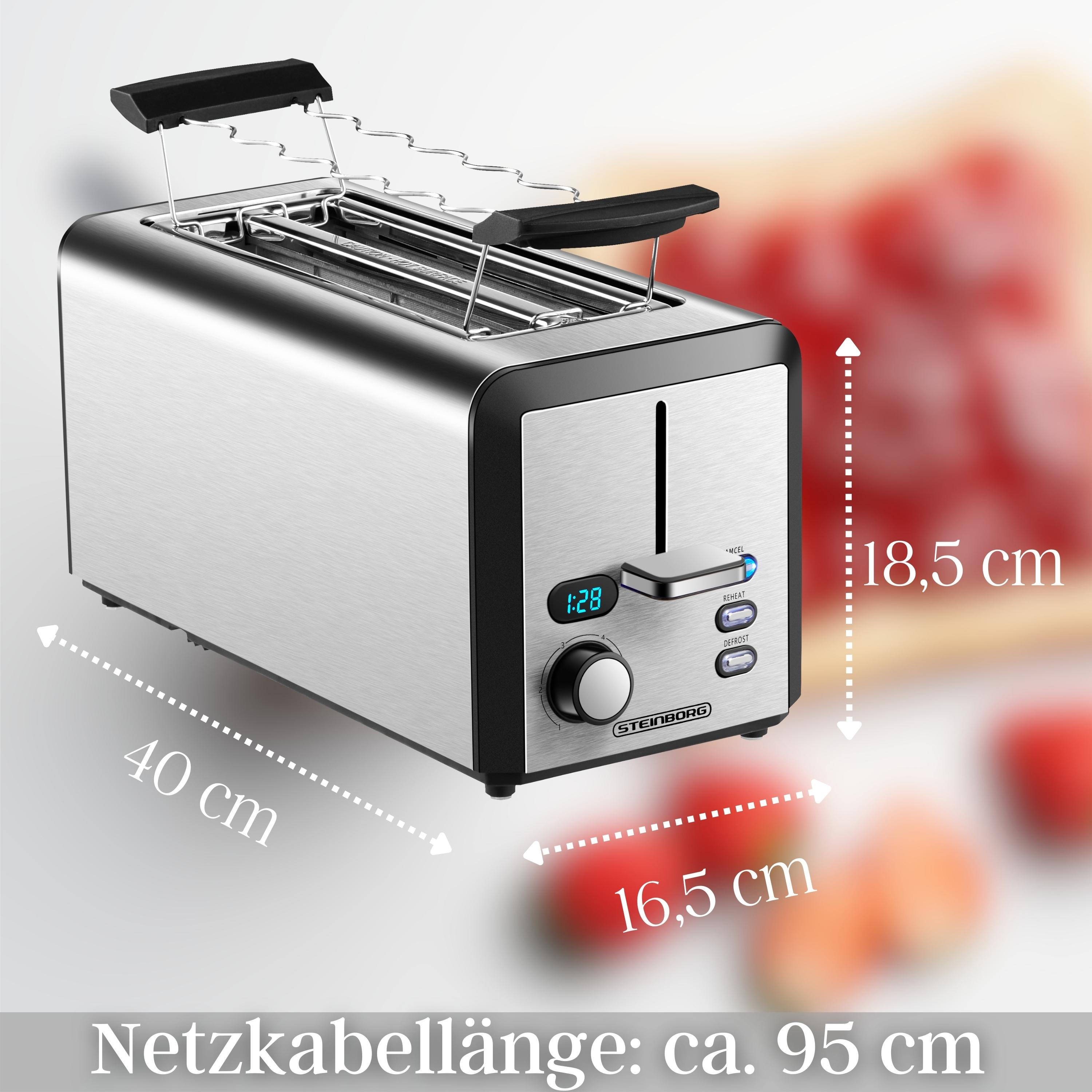 Silberner und schwarzer Toaster mit Abmessungen und angezeigter Kabellänge.