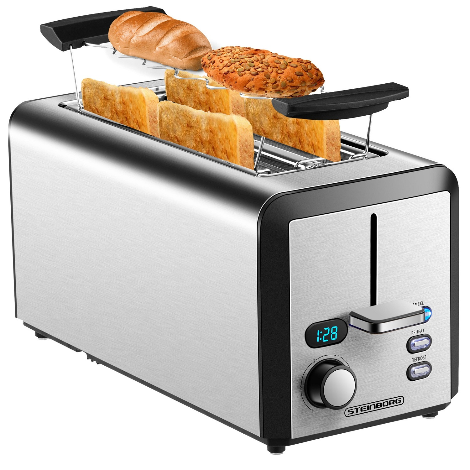 Ein Toaster aus Edelstahl mit mehreren Brotscheiben und Brötchen. Blaue Anzeige und Bedienelemente sichtbar.