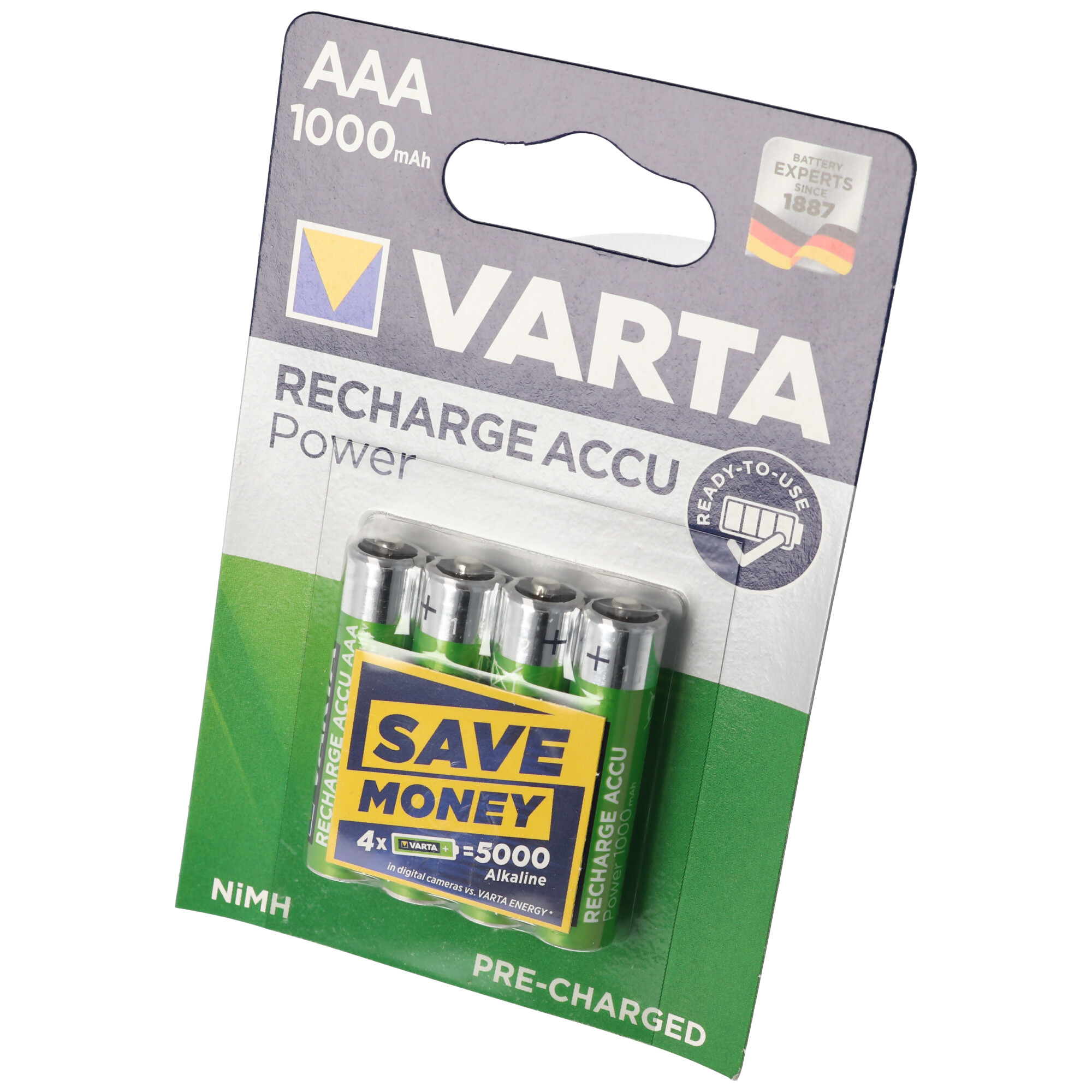 Baterie Varta Recharge Accu Power w opakowaniu. Zielono-żółte opakowanie ze szczegółami dotyczącymi baterii.