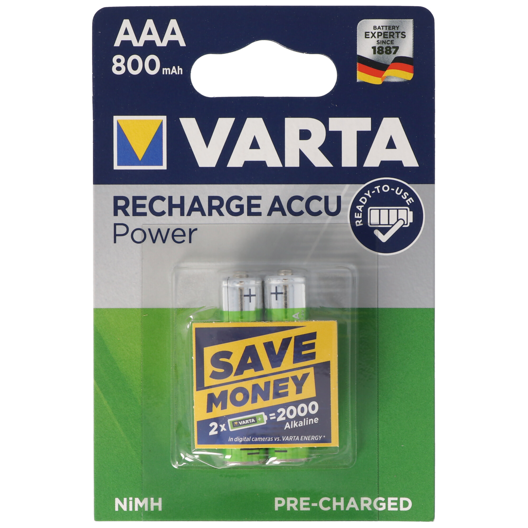 Pile Varta AAA in un pacchetto verde e bianco. Con etichetta 'Risparmia'.