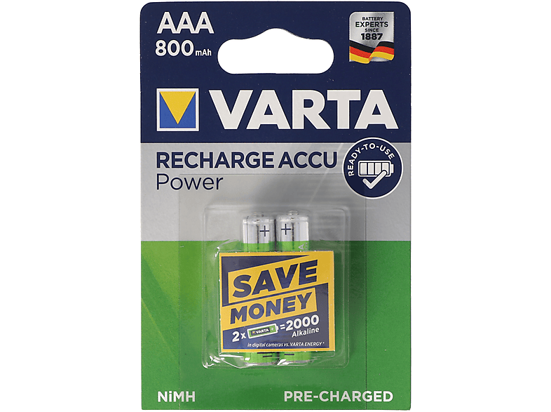 VARTA Akku Recharge Accu Power Micro AAA NiMH 800mAh (2er Blister) NiMH Akku, NiMH, 1.2 Volt, 0.8 Ah