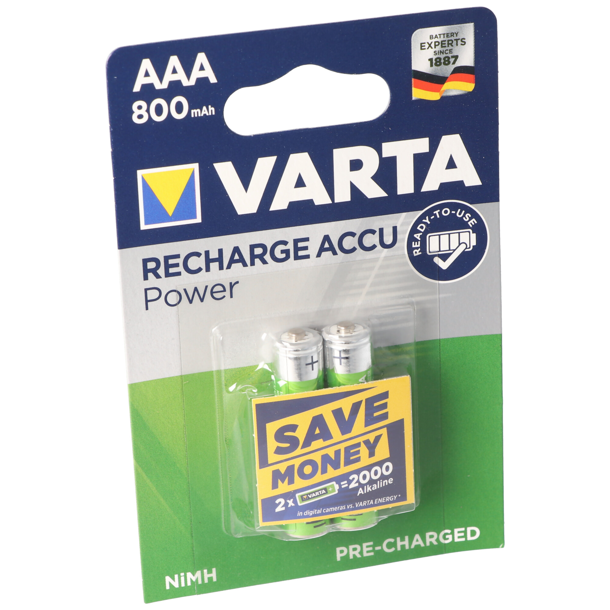 Una confezione di batterie Varta mostra due batterie AA e testo.