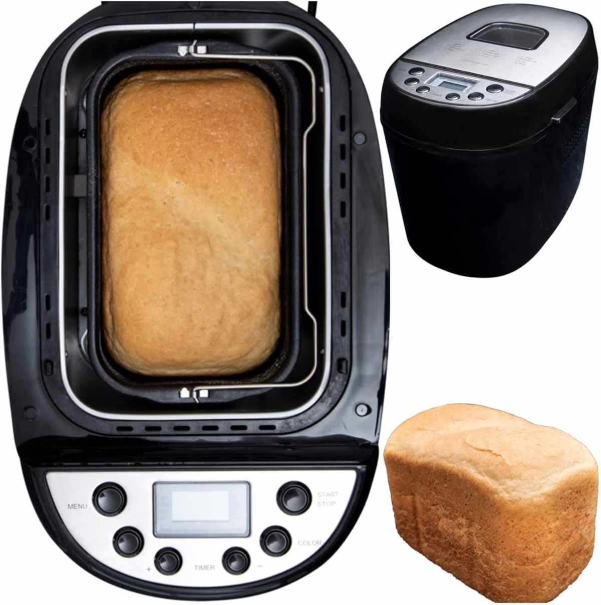 Maszyna do pieczenia chleba z bochenkiem w środku i upieczonym bochenkiem obok, na białym tle.