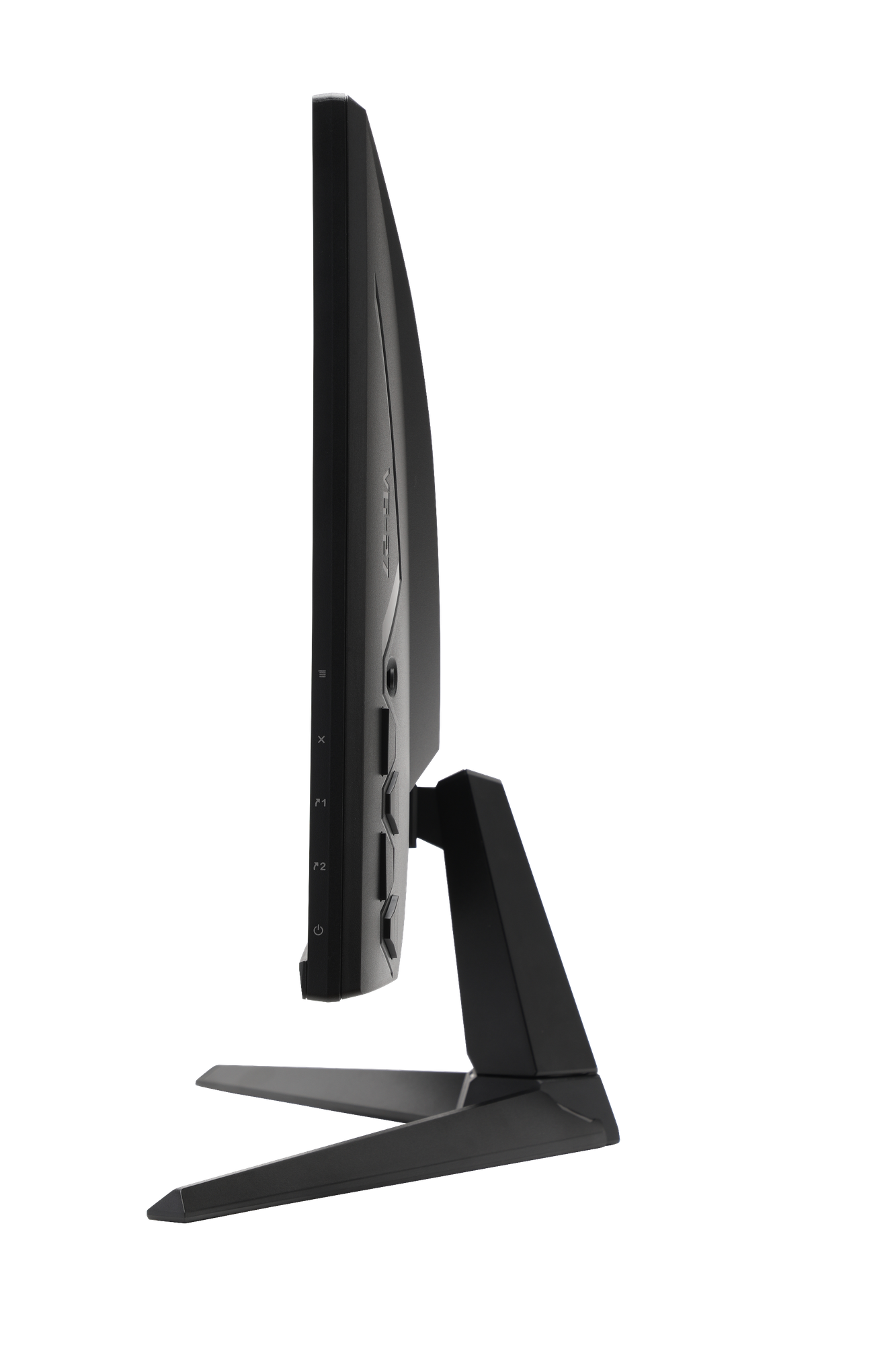 Widok z boku czarnego monitora. Monitor ma podstawę i porty.