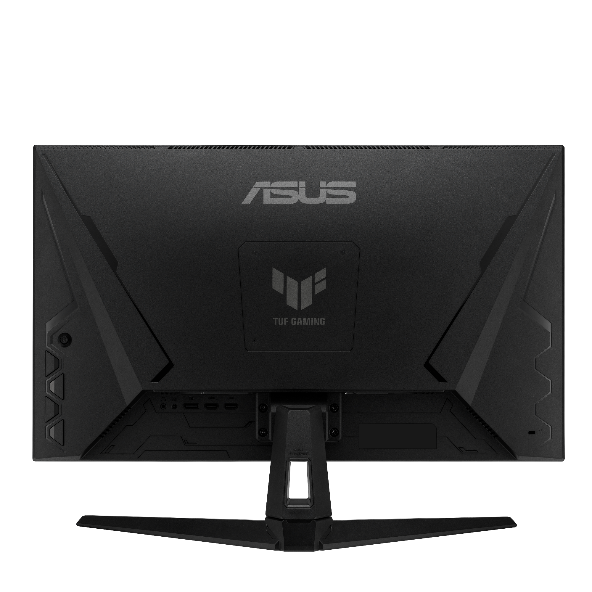 Tył czarnego monitora ASUS TUF Gaming. Posiada logo ASUS i TUF Gaming.