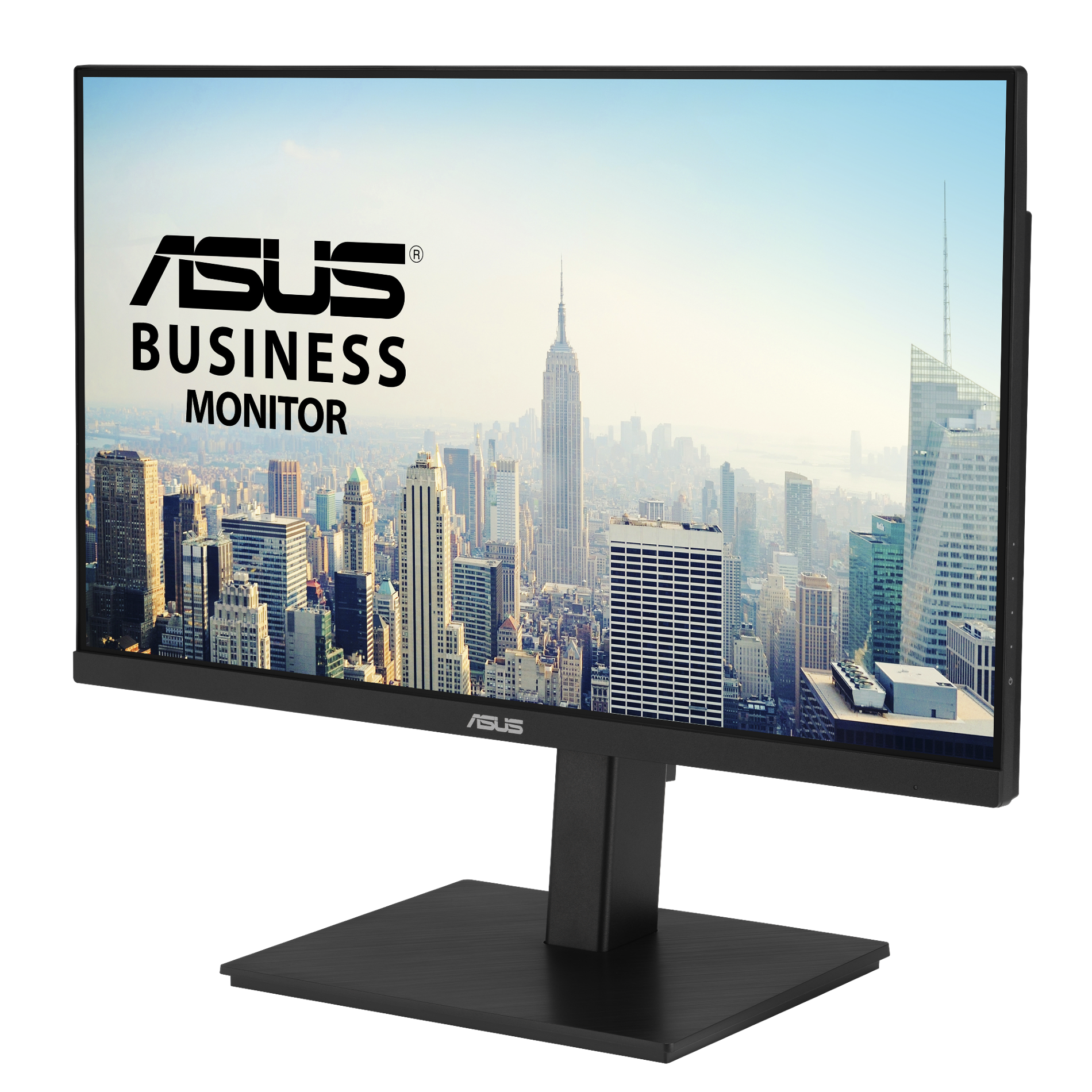 Monitor komputera wyświetlający krajobraz miejski i logo ASUS Business Monitor na czarnym tle.
