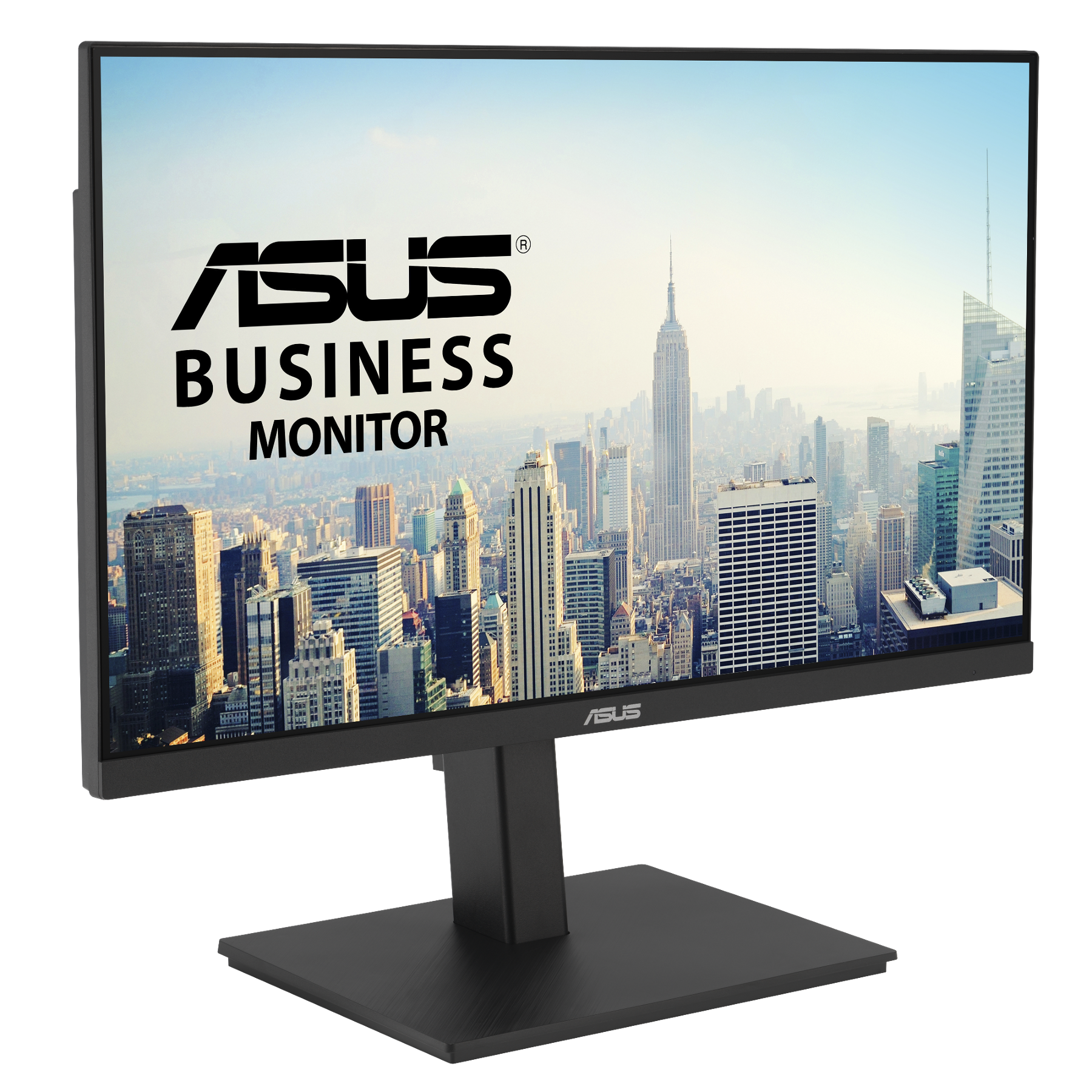 Monitor ASUS Business. Wyświetla krajobraz miejski ze słowami ASUS i BUSINESS MONITOR.