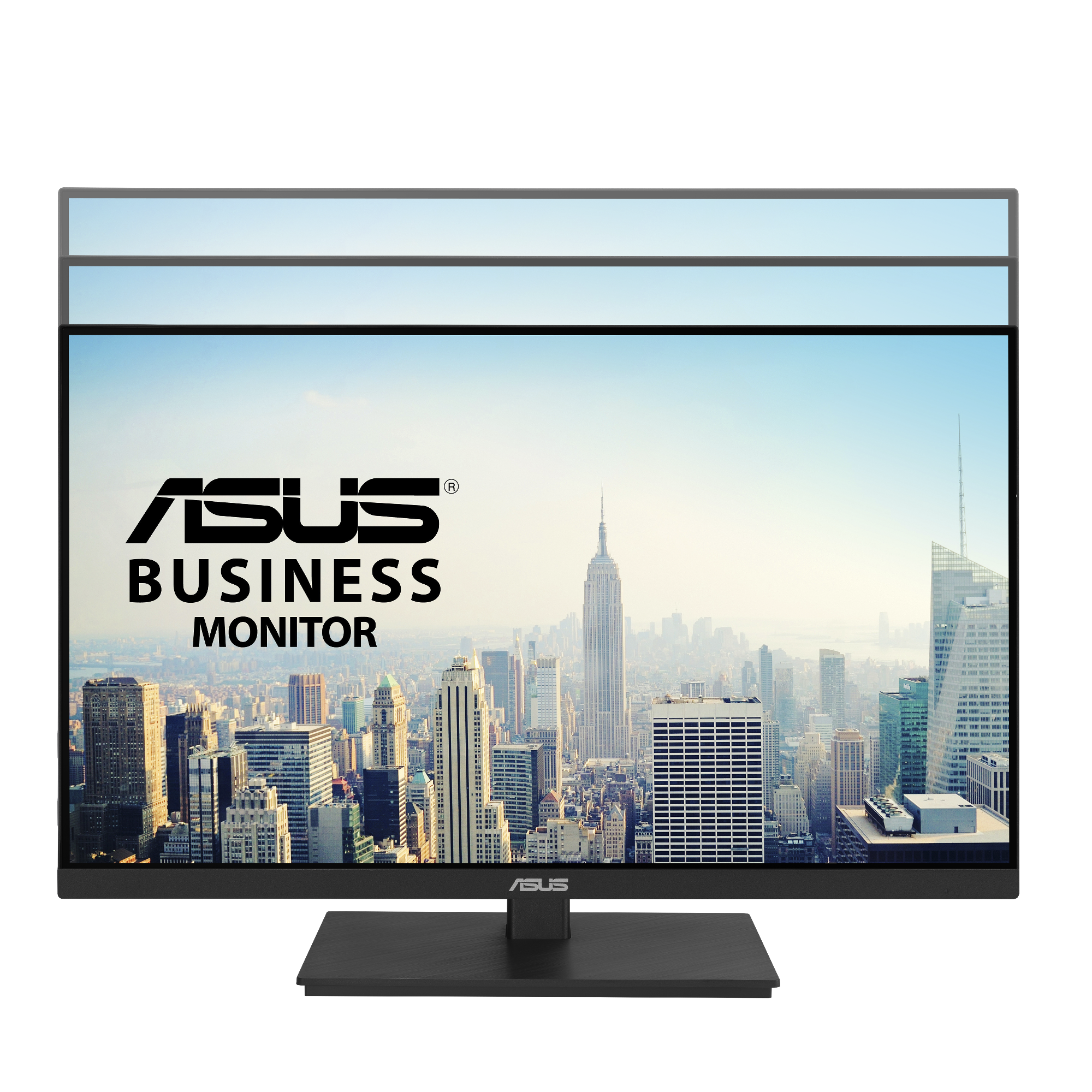 Monitor komputera wyświetla krajobraz miejski z logo ASUS.