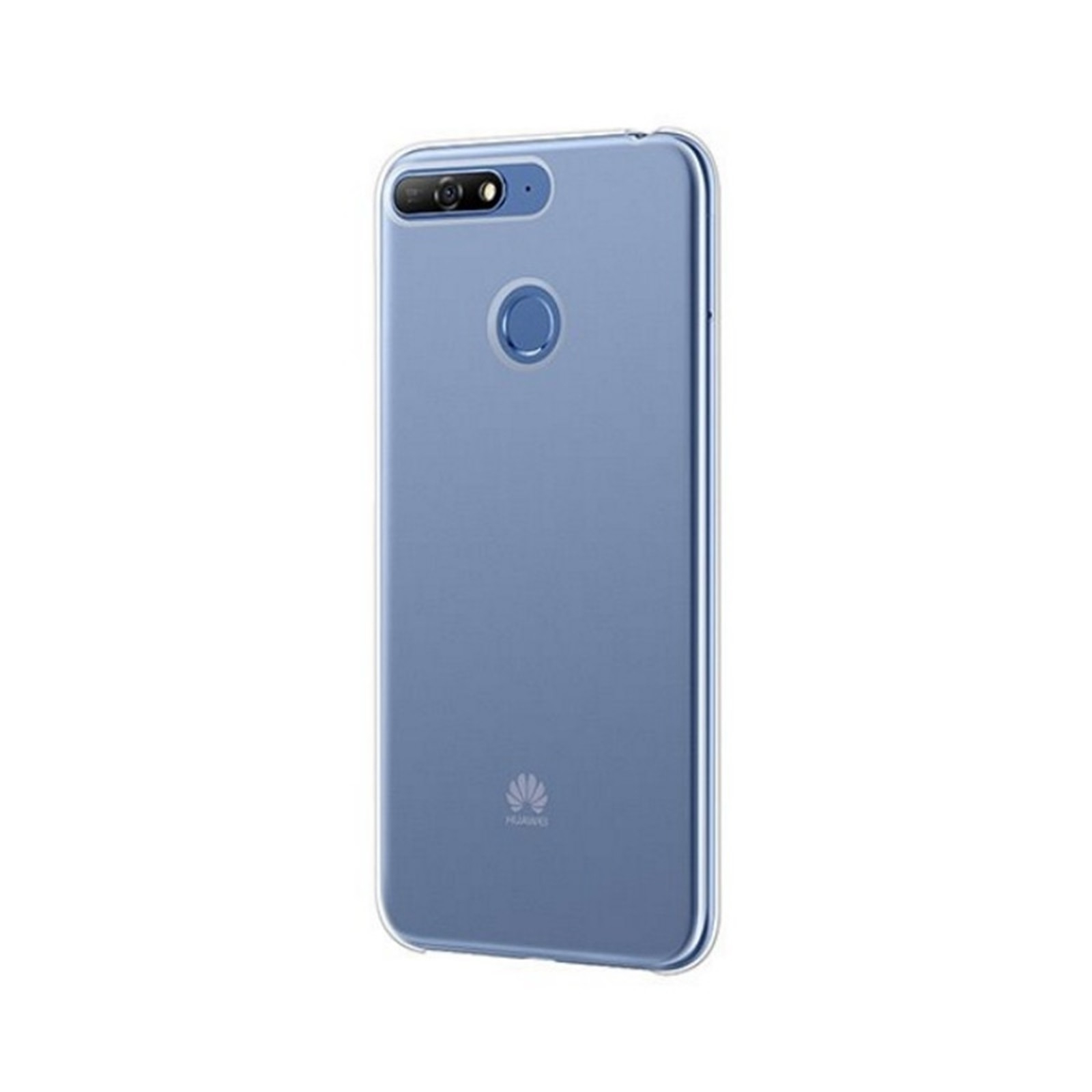 Un teléfono Huawei azul claro con una funda transparente sobre un fondo blanco.