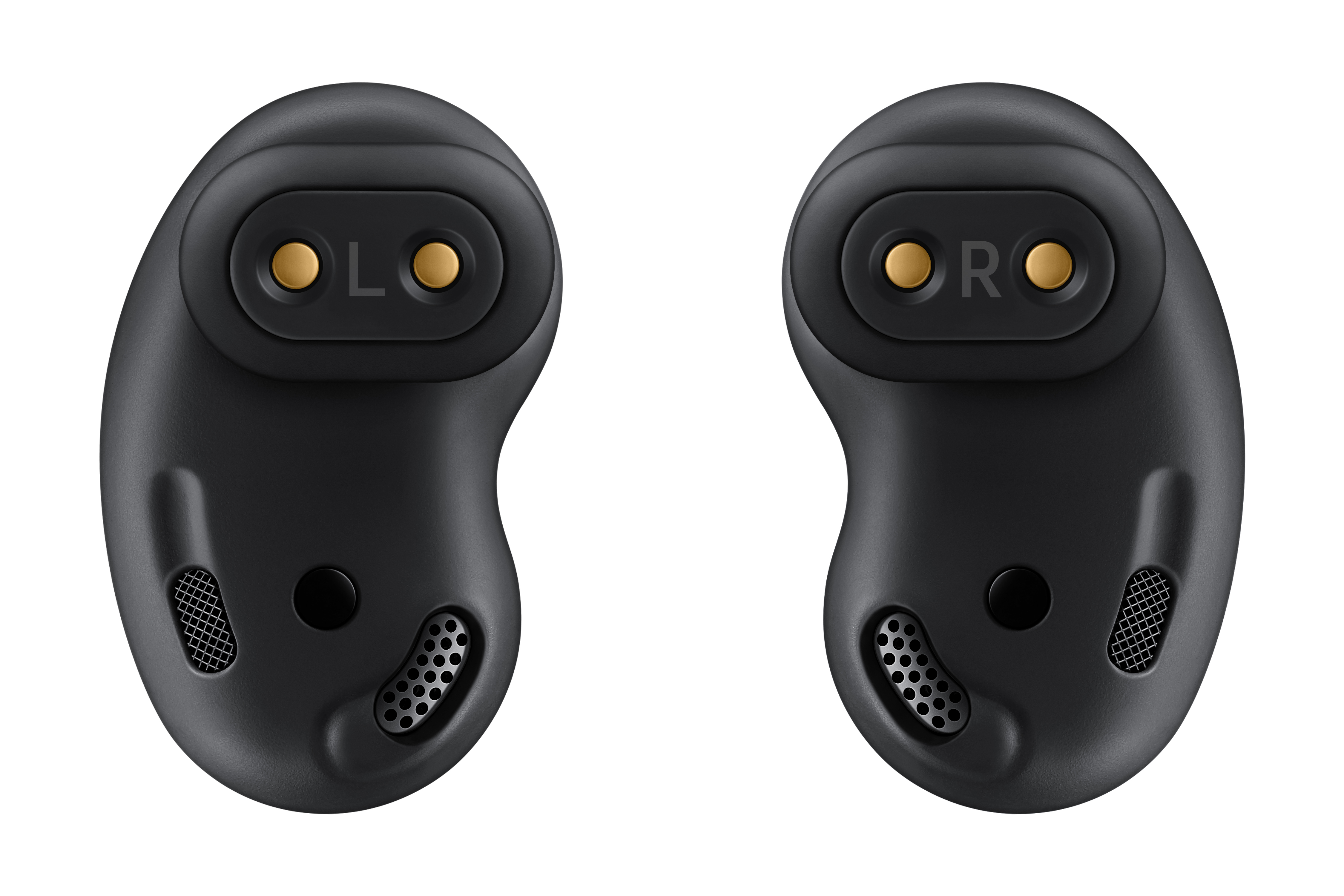 Dos auriculares negros, el izquierdo y el derecho, con puntos de carga dorados.