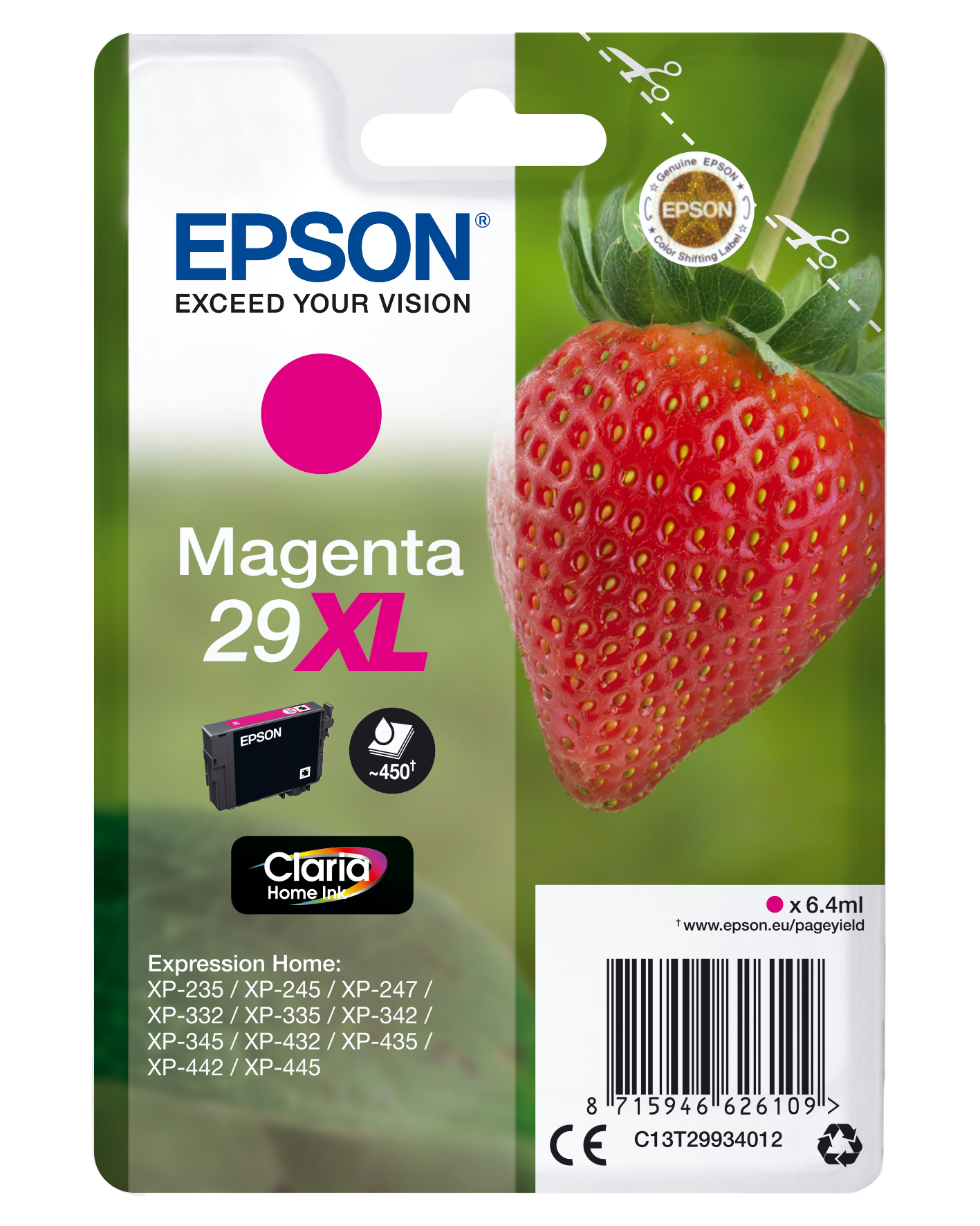 Cartuccia di inchiostro magenta Epson con immagine di fragola sulla confezione.