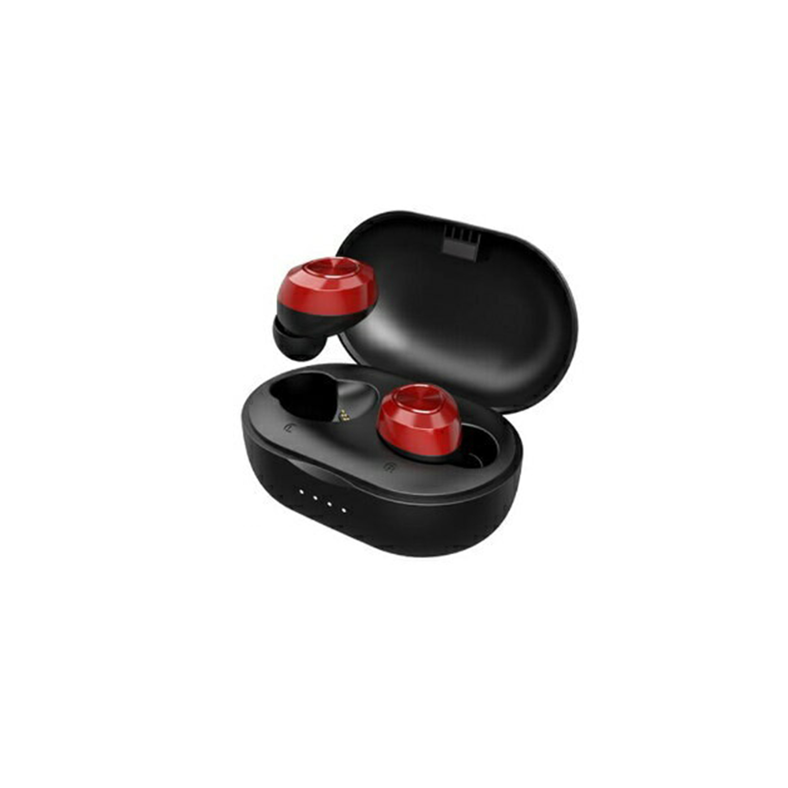Auricolari wireless rossi e neri in una custodia di ricarica nera. Sfondo bianco.