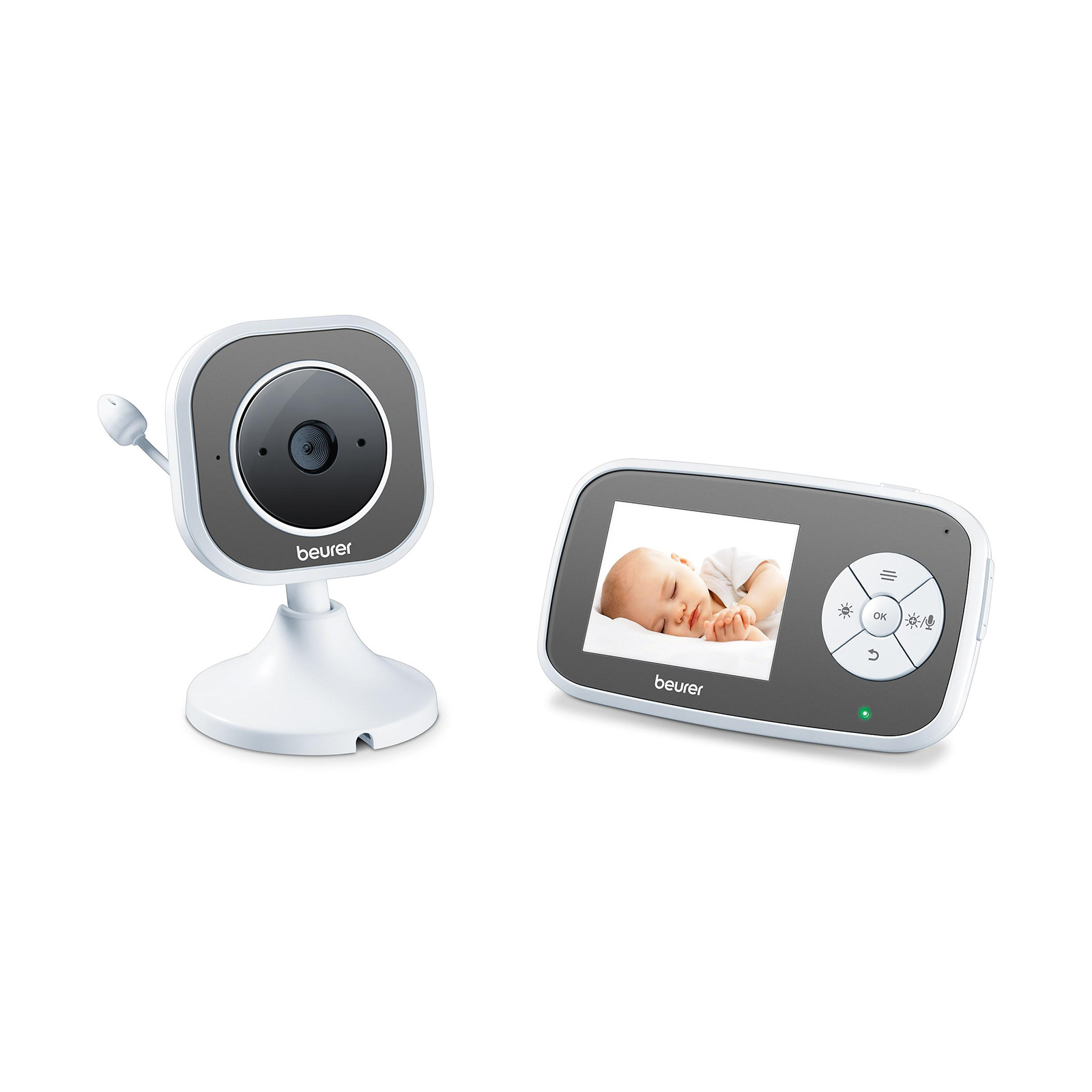 Baby monitor con telecamera e schermo. Il bambino dorme sullo schermo. Entrambi sono bianchi.
