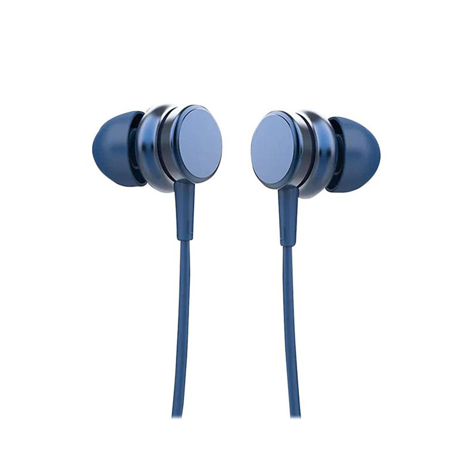 Auriculares intrauditivos azules sobre fondo blanco. Diseño elegante.