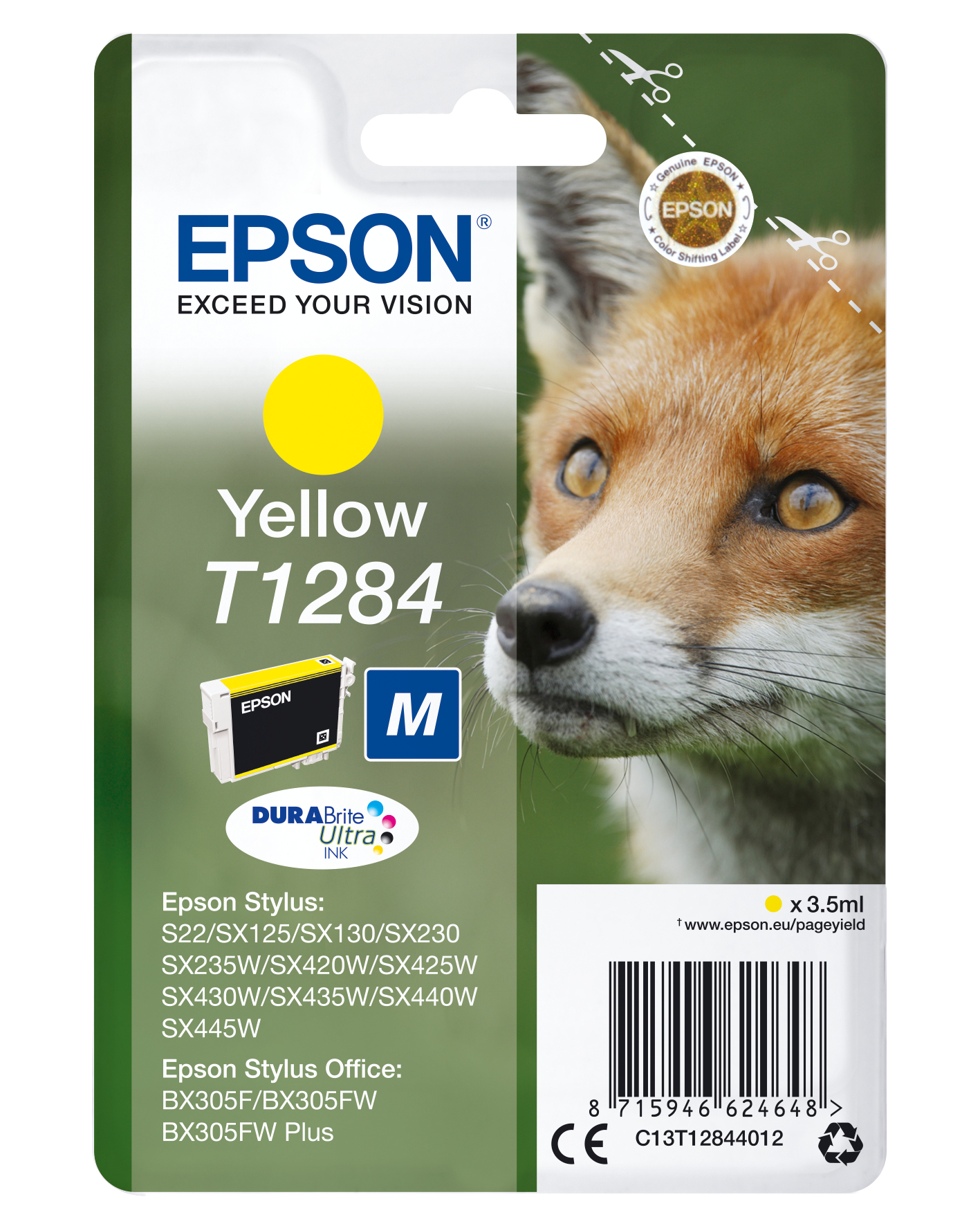 Żółty wkład atramentowy Epson ze zdjęciem lisa i szczegółami produktu na białym i żółtym tle.