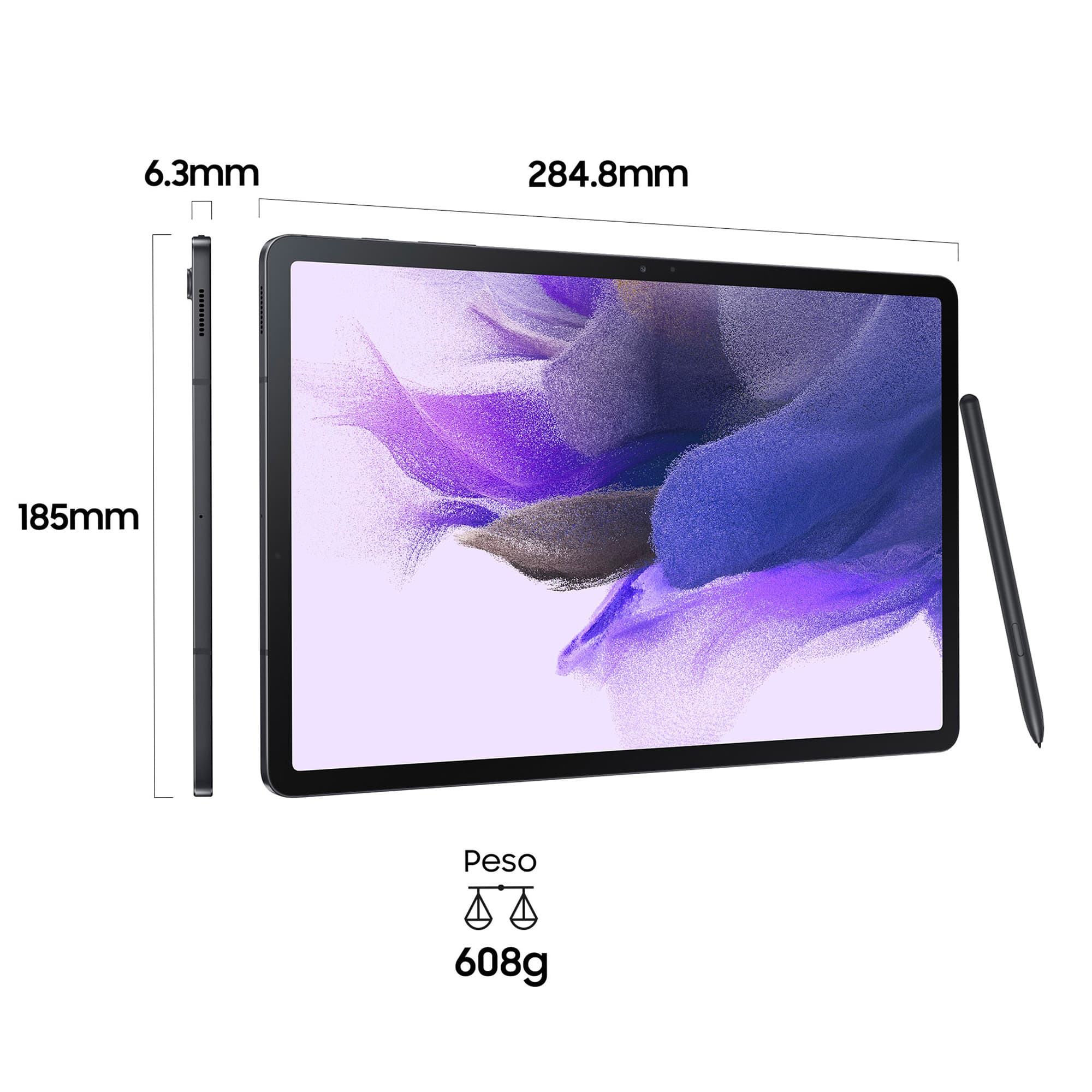 Schwarzes Tablet mit Abmessungen, Stift und Gewichtsangaben auf weißem Grund.
