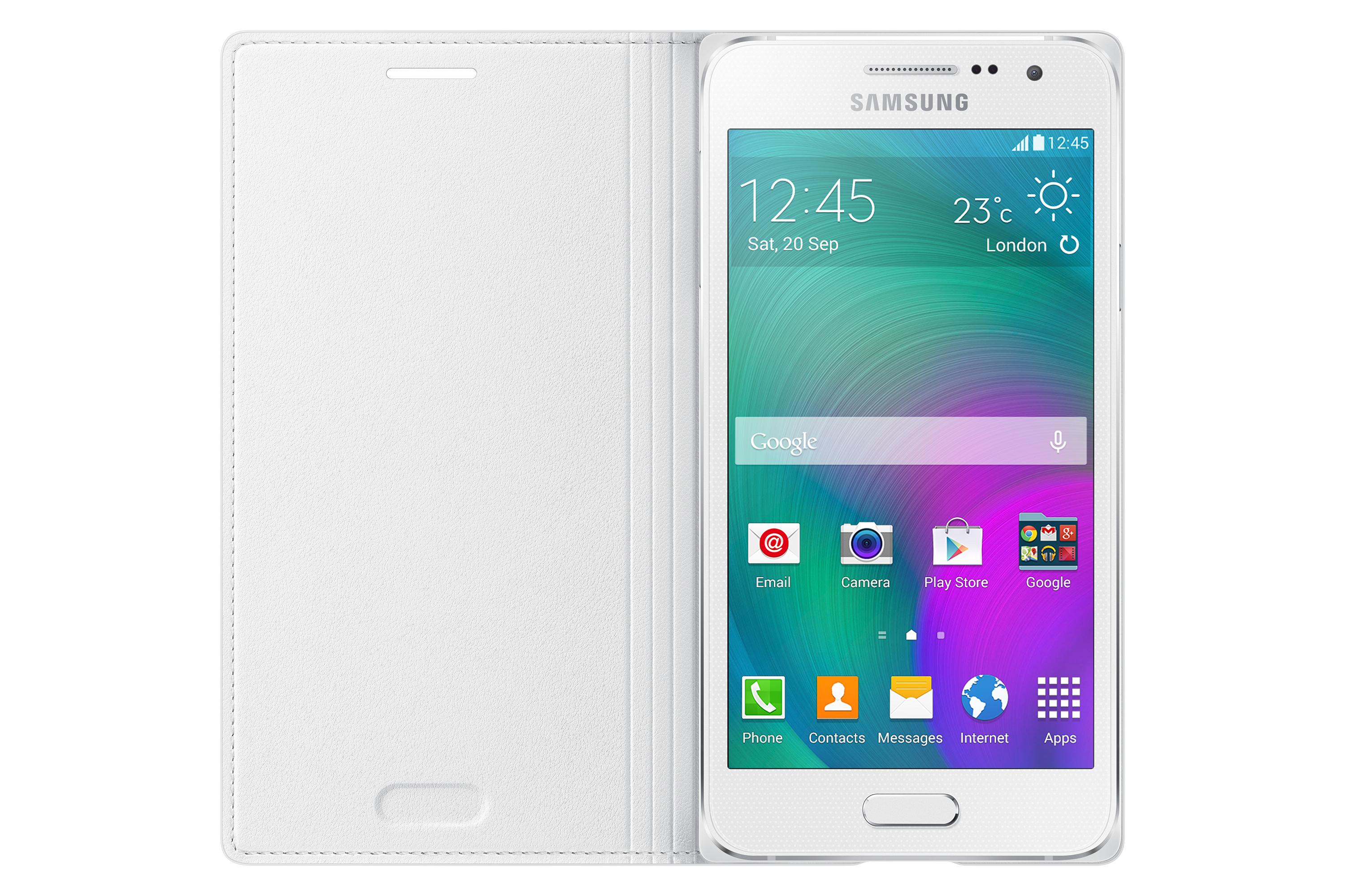 Uno smartphone Samsung bianco con cover aperta. L'ora è 12:45.