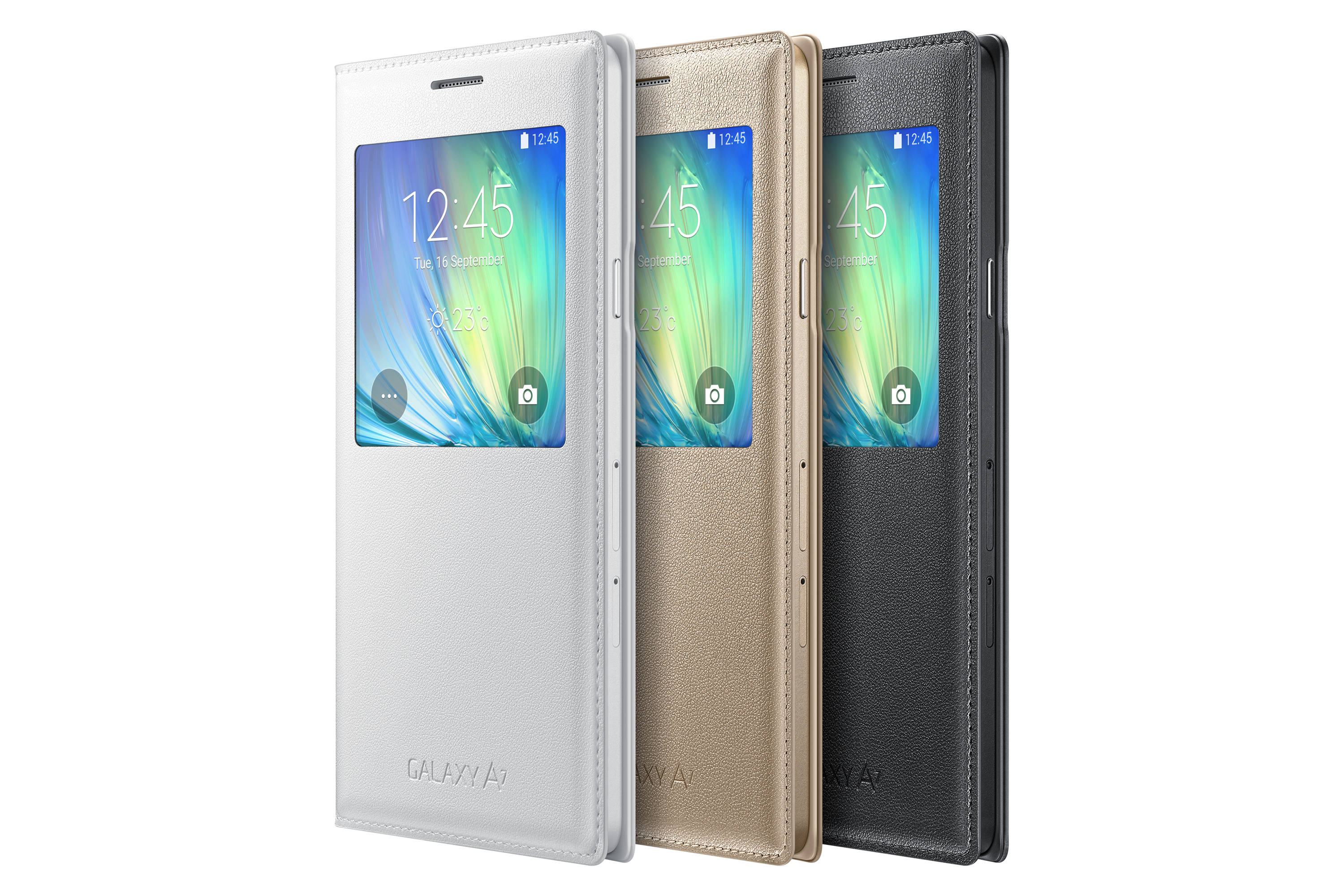 Tre custodie per smartphone in bianco, oro e nero, ognuna con lo schermo visibile.