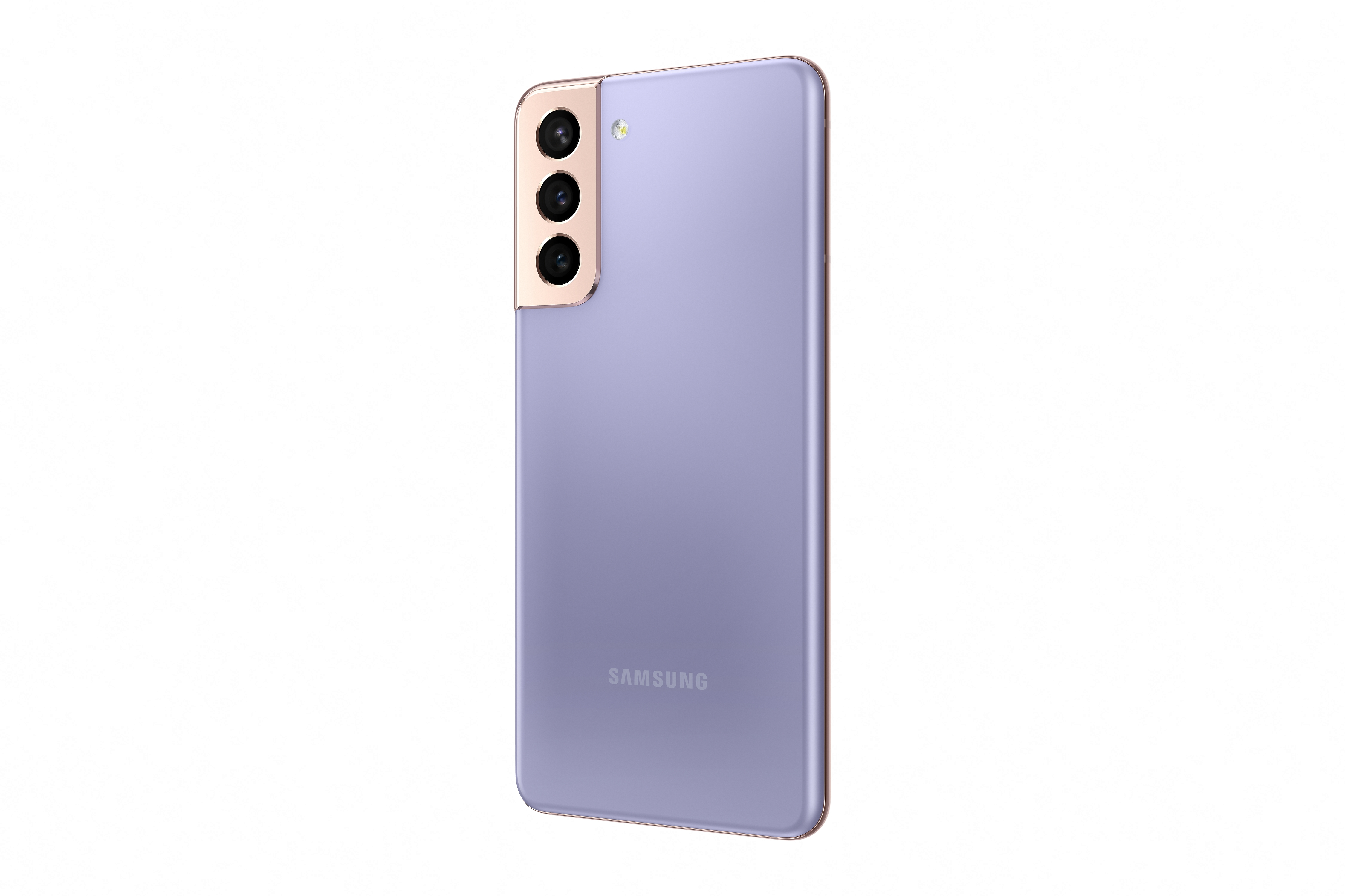 Ein lila Samsung Galaxy S21 Telefon, von hinten gesehen, mit drei Kameras und einem schlanken Design.