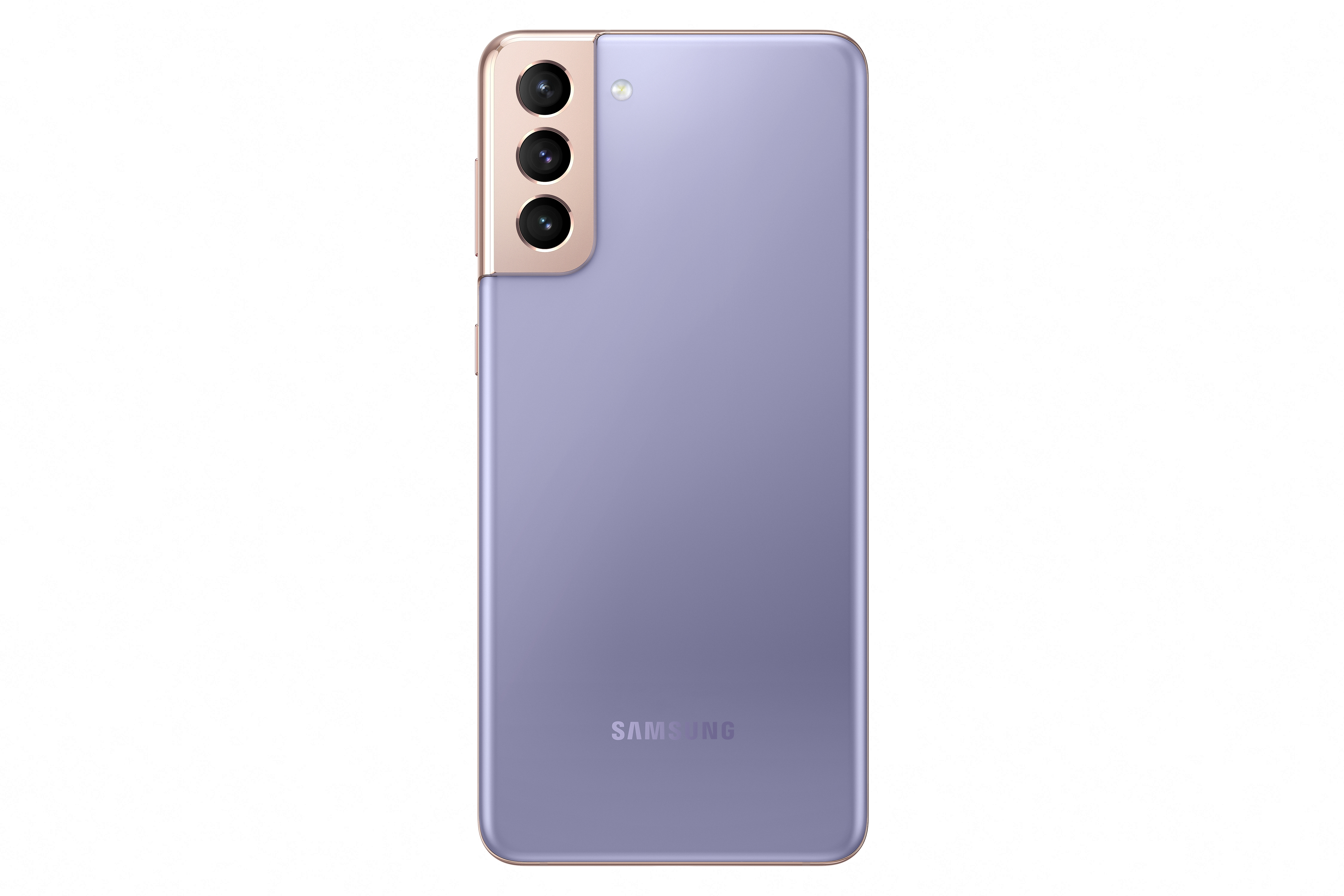 Rückseite des lila Telefons, drei Kameras, Samsung-Logo.