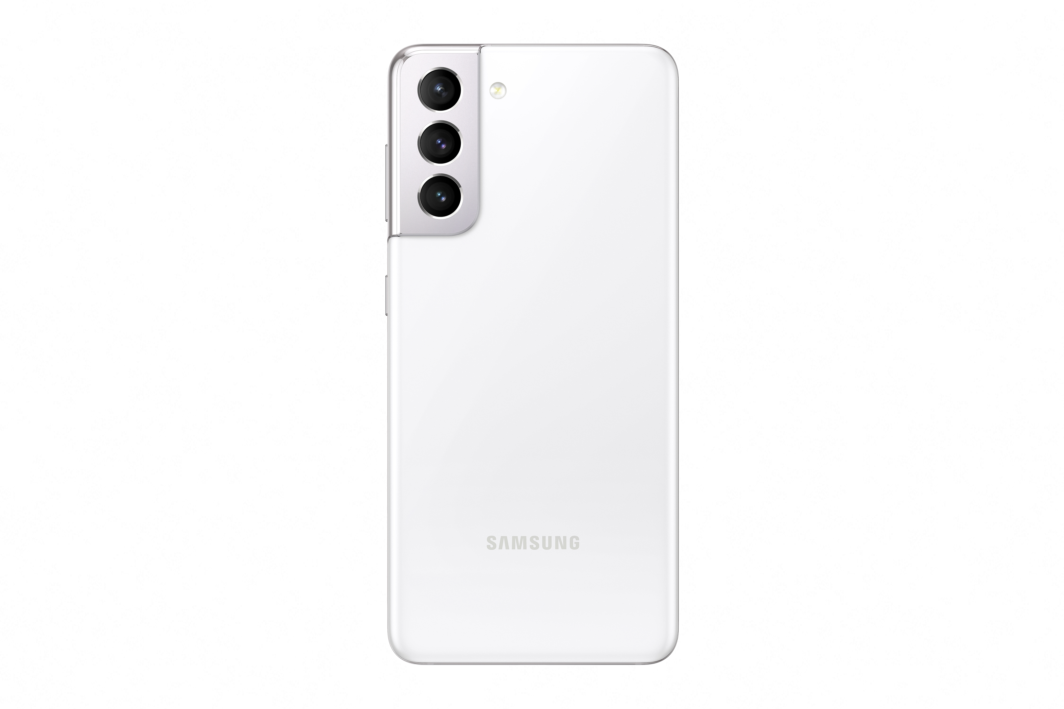Rückseite eines weißen Samsung Smartphones mit drei Kameras und Samsung Logo.