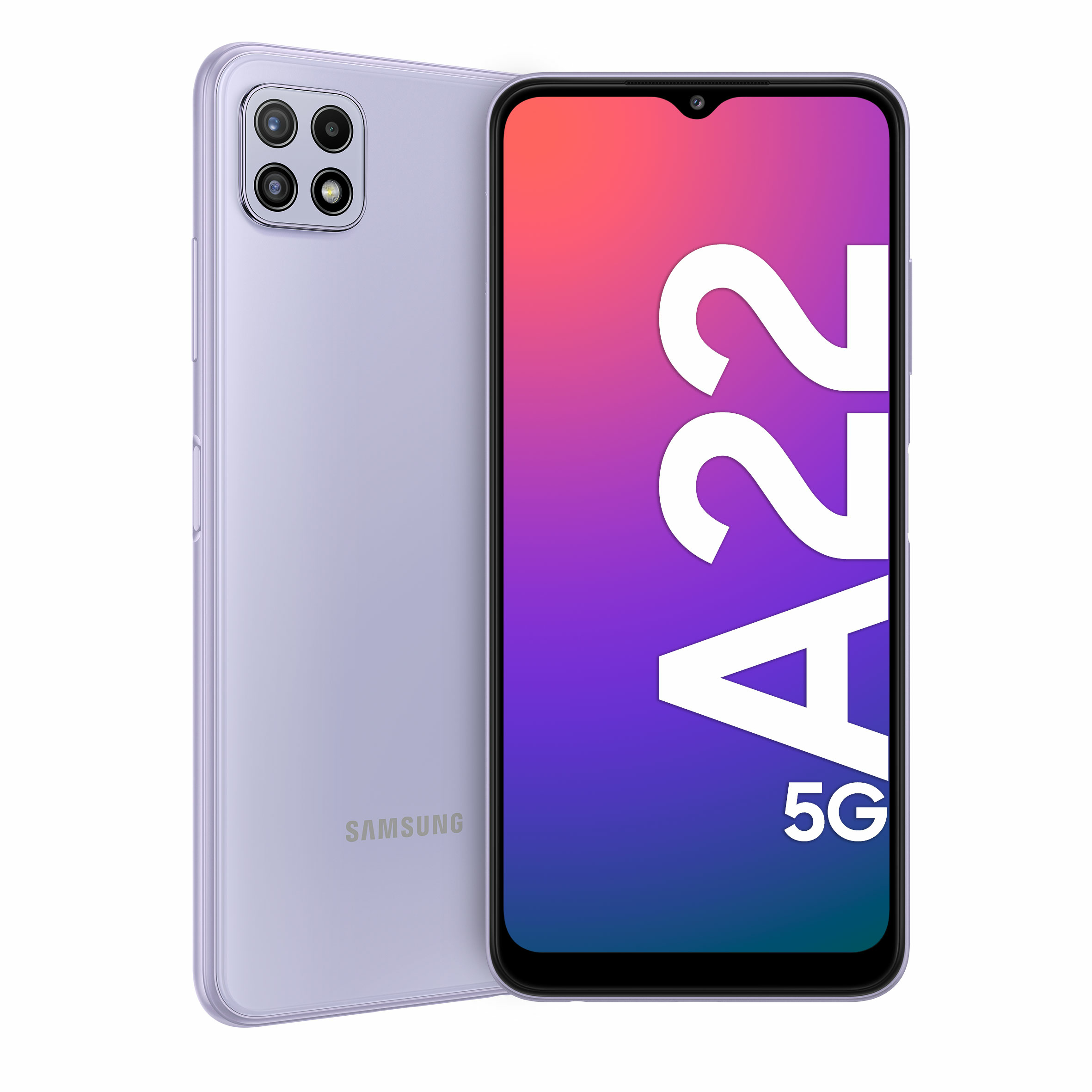 A22 5G Samsung-Handy, Rück- und Vorderansicht. Lila Farbe. Weißer Hintergrund.